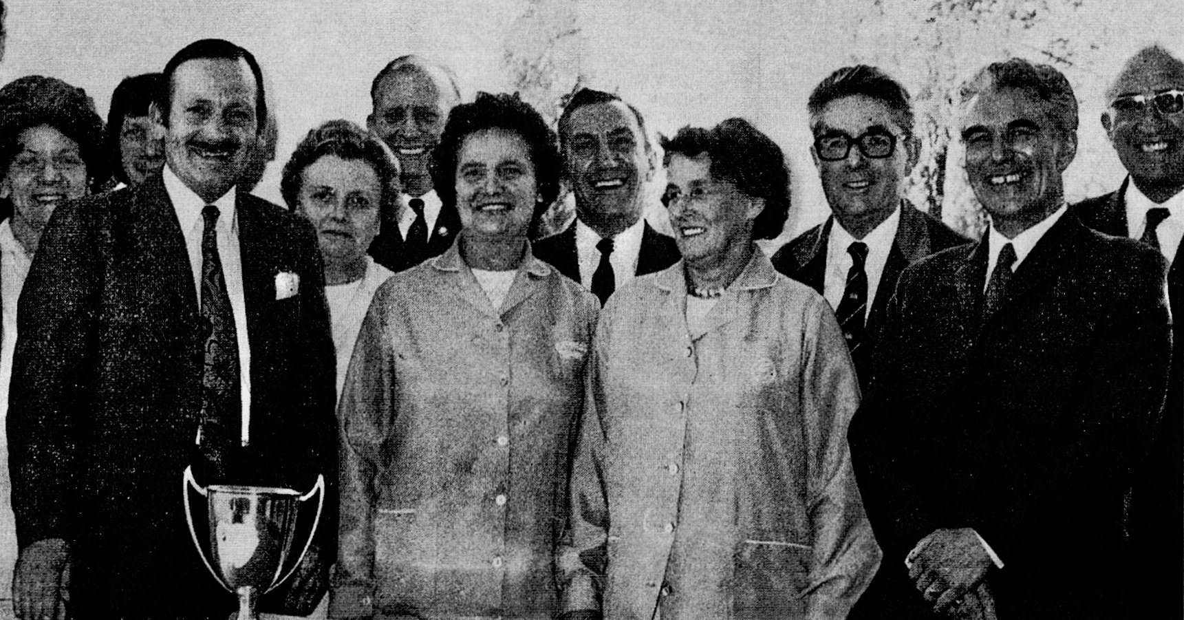 1972 Kenley Depot winning the 'Best Kept Depot' award. From L-R: ?, Ray Packeman, Jim Hodges, Mrs Cook, Johnny Burton, Mrs Lloyd, Stan Borrett, Mrs Jardine, Ron Bennett, Jimmy Woods. (Courtesy Dave Fane)