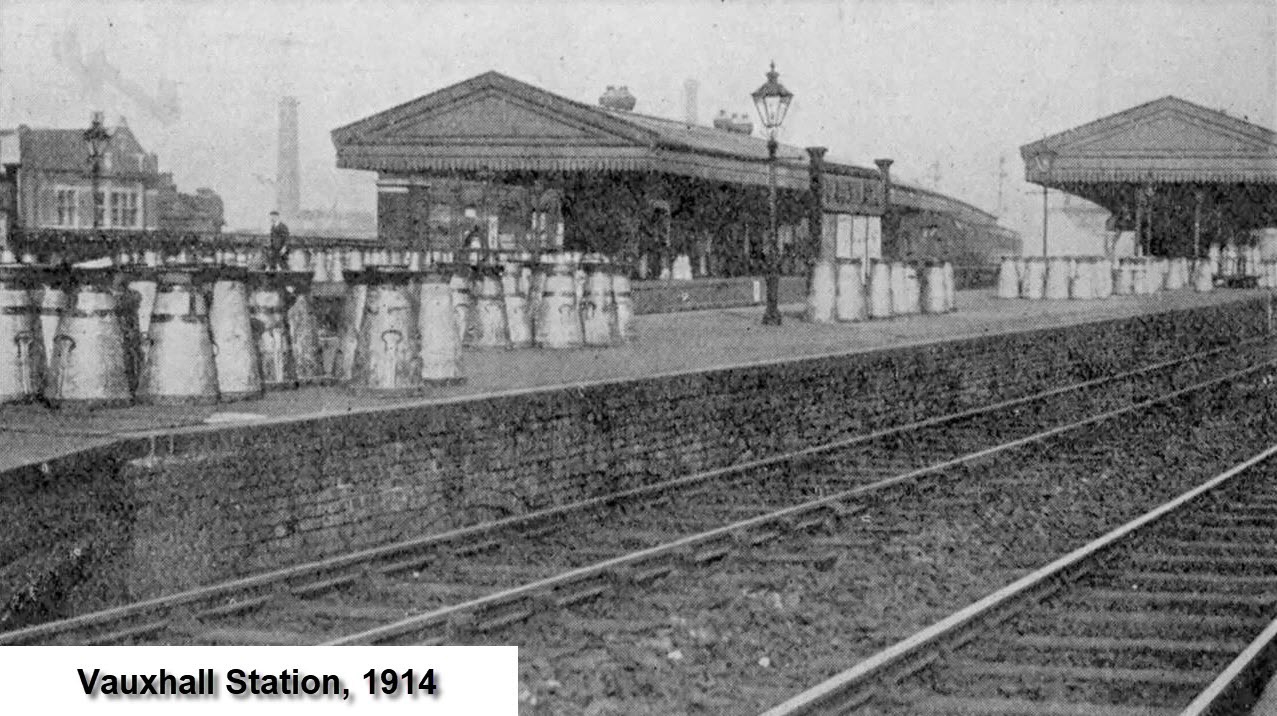 1914 Vauxhall Station Milk Platform. By this time, only 2% of milk came from urban dairy herds in London. (Courtesy 'On the Milk Train' video, Dr David Turner)