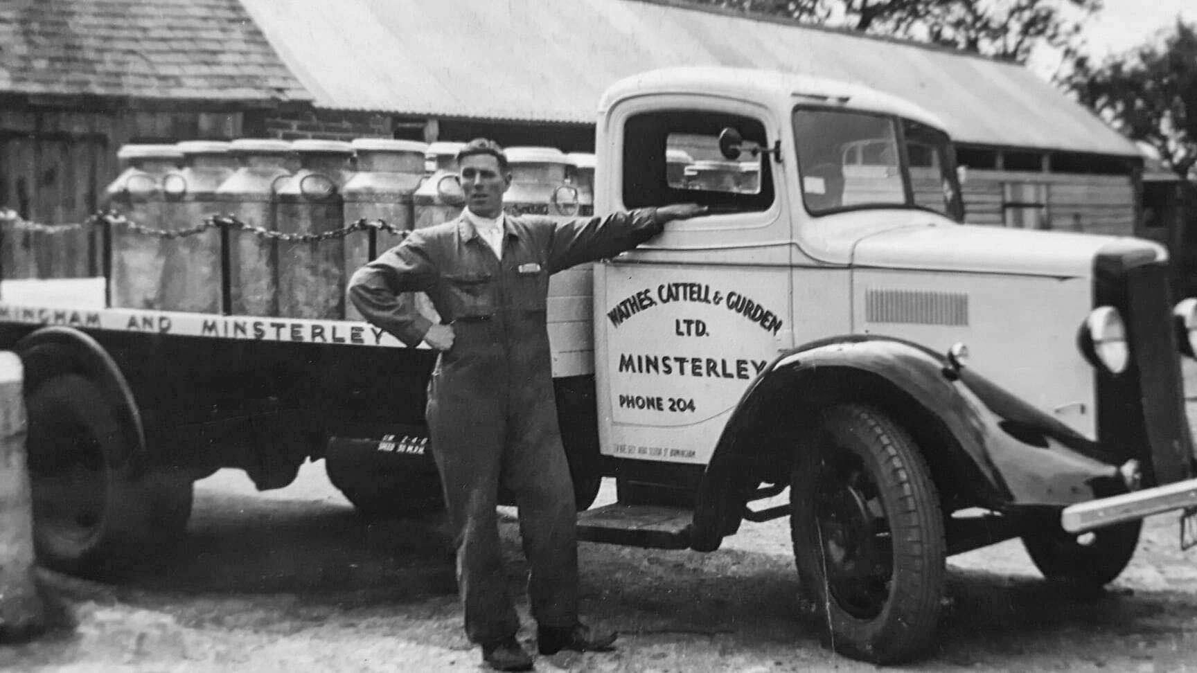 1955 approx, Minsterley. Matthew Taylor comments "My Great Uncle Steve Jones, drove for Wathes Cattell and Gurden, which went on to become Minsterley Creamery." Patrick Taylor comments "I remember these lorrys as my Uncle Steve used to occasionally take me with him on the milk collection round, happy days. Steve completed 50 years service. (Courtesy Matthew Taylor)