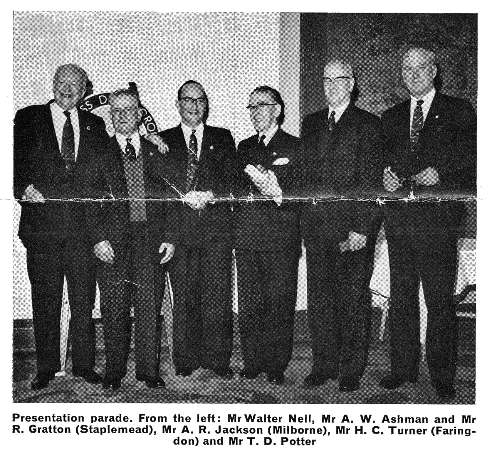 1964 Bath Long Service Dinner with Walter Nell and T.D. Potter. From Staplemead: Mr A.W. Ashman &amp; Mr R. Gratton, from Milborne: Mr A.R. Jackson, from Faringdon: Mr H.C. Turner. From August 'Express Extra' newsletter (Courtesy Paul Luke)