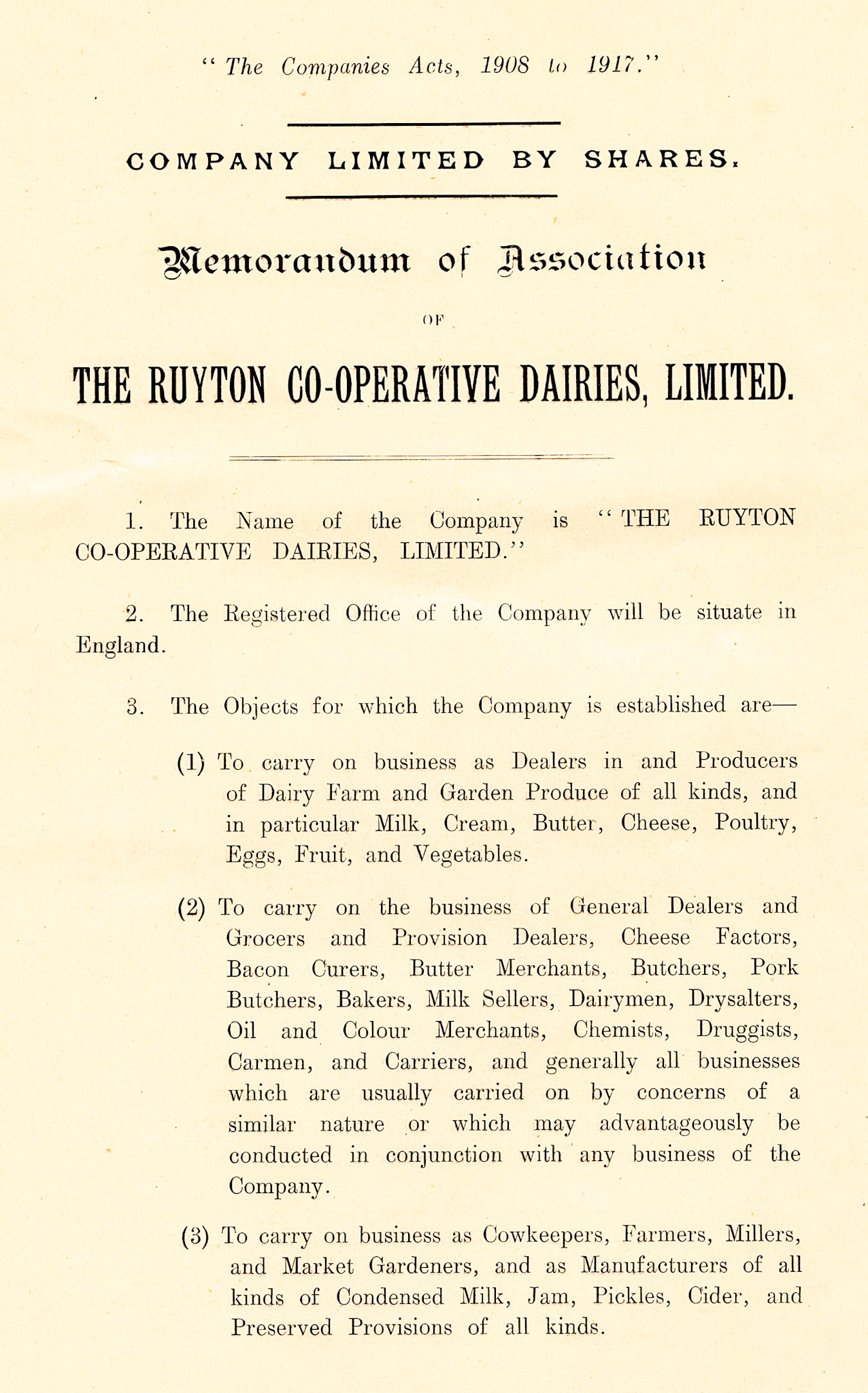 1918 Memorandum of Association for Ruyton Co-operative Dairies, Limited