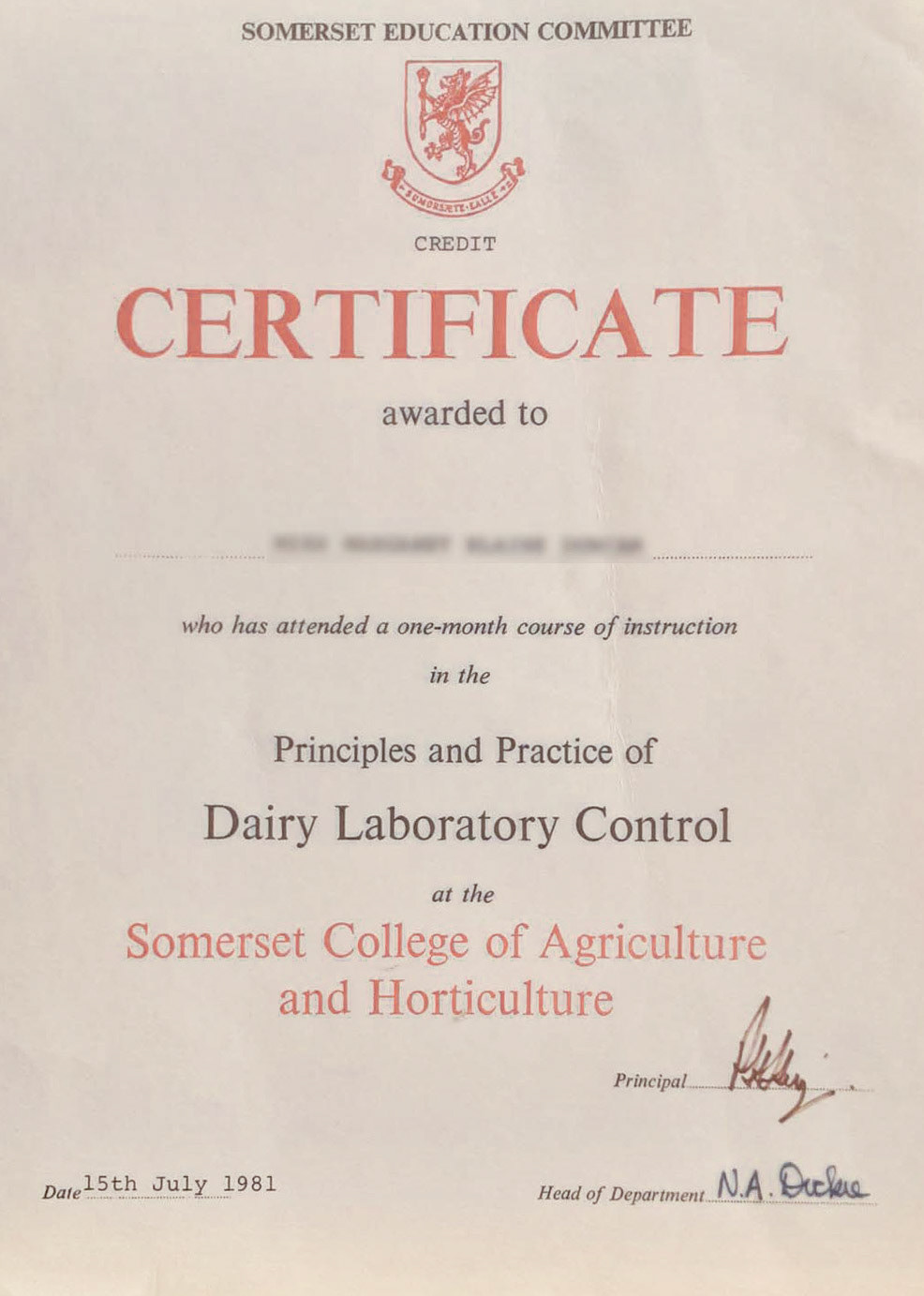1981 Ruyton Elaine Morris comments "I went to Cannington in Somerset, from Ruyton, to do a Dairy control course, also Huw Davies the Liason Chemist came yearly to test us in the Milk lab." Frank Dineen also commented "I was lucky enough to do Dairy Science courses at Cannington College, Bridgewater, receiving the Certificate in Dairying in 1982. It's a shame that the food industry dropped support for these courses. It was a good way to train and develop staff." (Courtesy Elaine Morris)