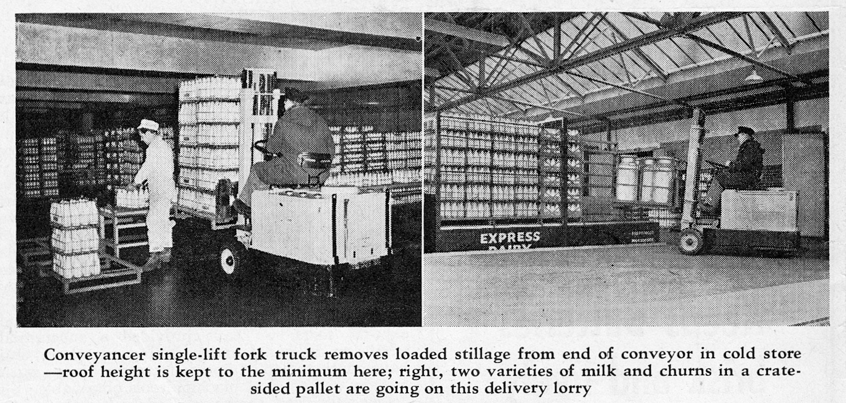 1955 South Morden-unloading direct from converyor into cold store, and loading mixed churns and crates, both at South Morden-from feature article about mechanical handling at Express (From Modern Transport July 30, courtesy Dave Fane)