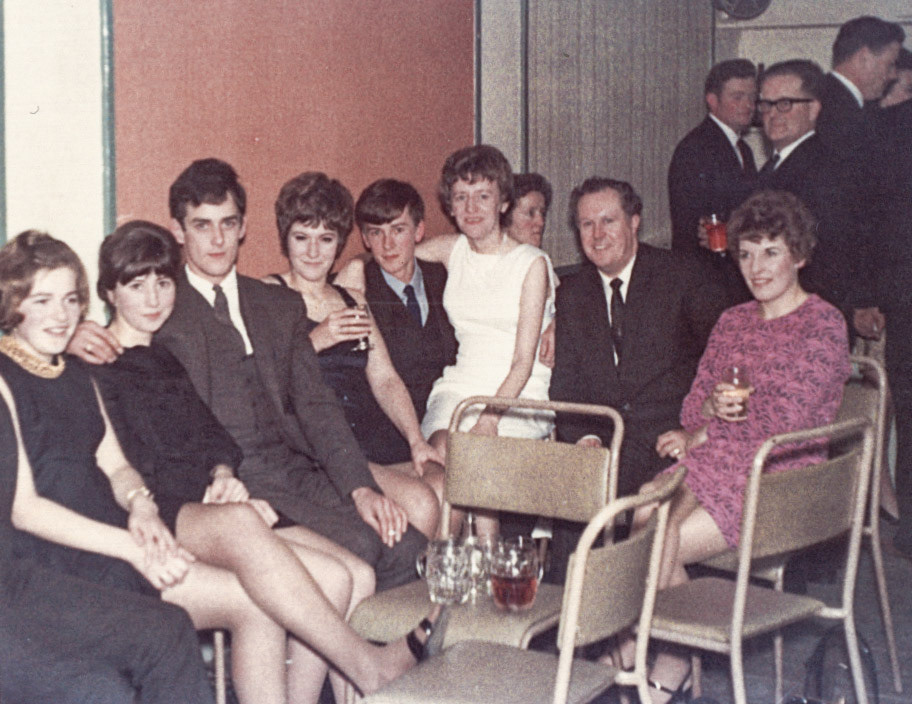 From L to R: Vanessa Edwards, Neal Pugh's sister (Bunny) Berenice Pugh,  Neal Pugh's brother in law Paul Bickford, Sheila Thisleton, Neil Thisleton. Joan Richards in pink dress. Den Lloyd far right. (Joe Lyons Collection)