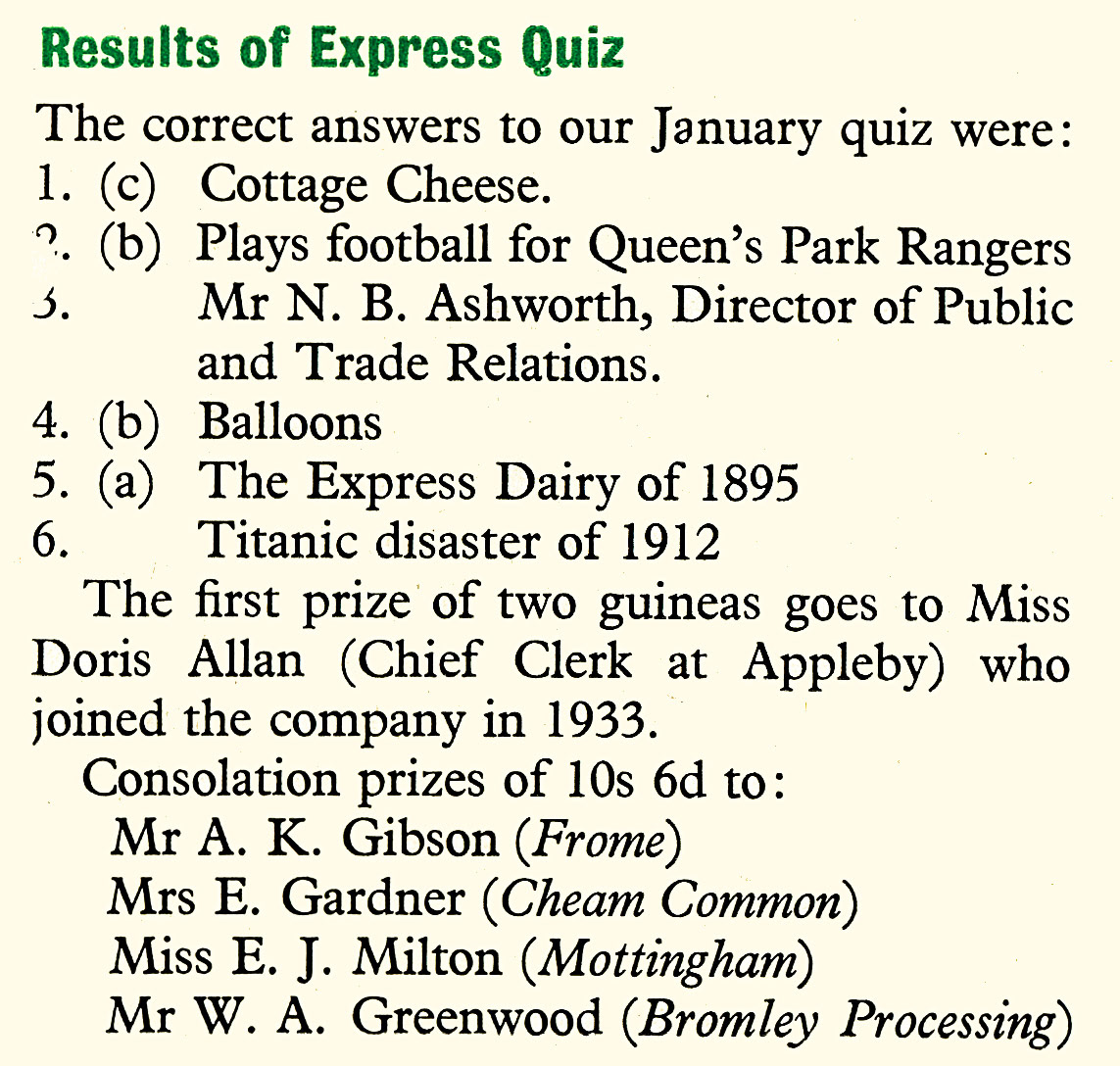 1956 Quiz results from Express News first edition (yet to be sourced) (Express News April)
