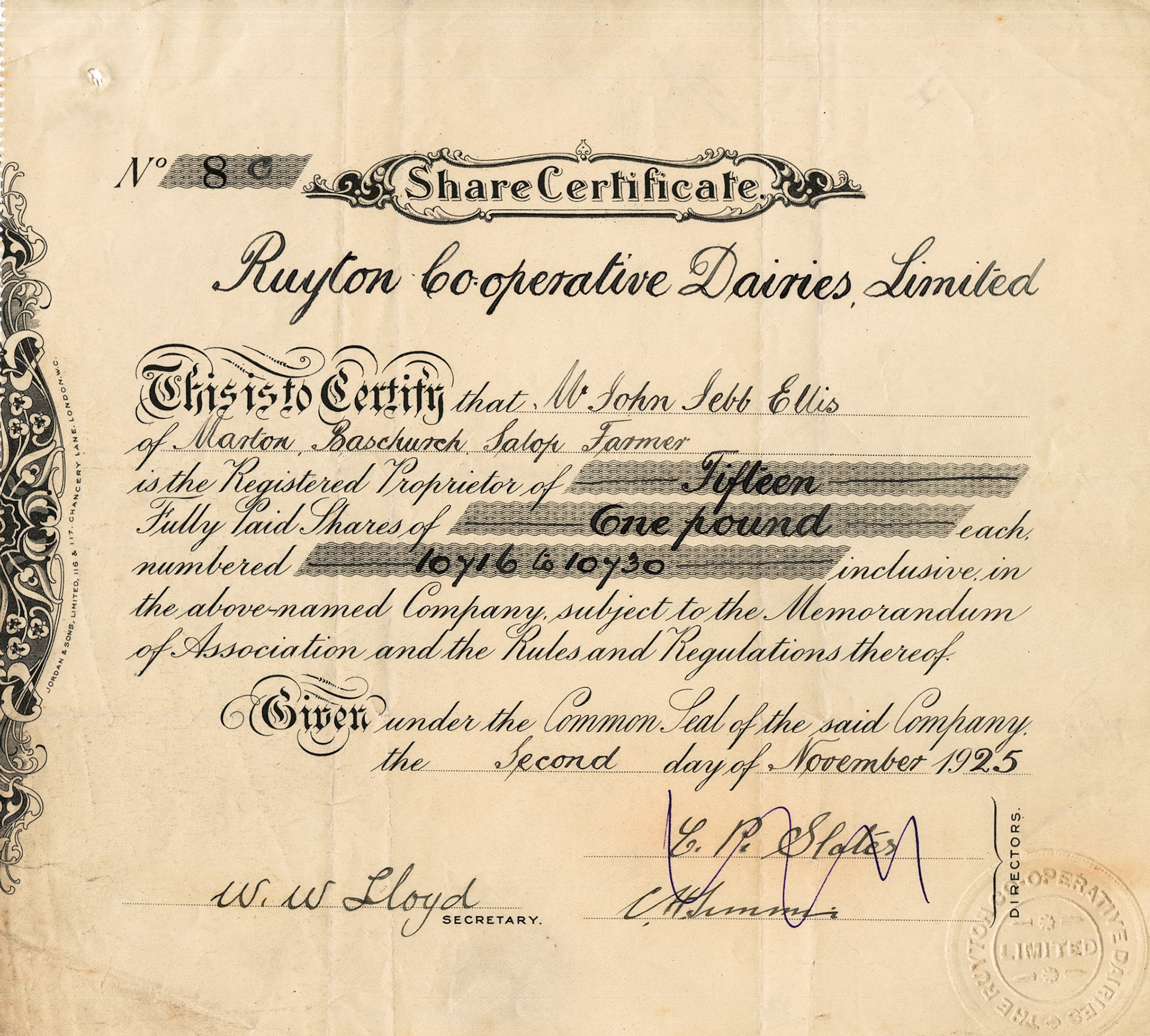 1925 Share Certificate-Mr John Sebb Ellis
