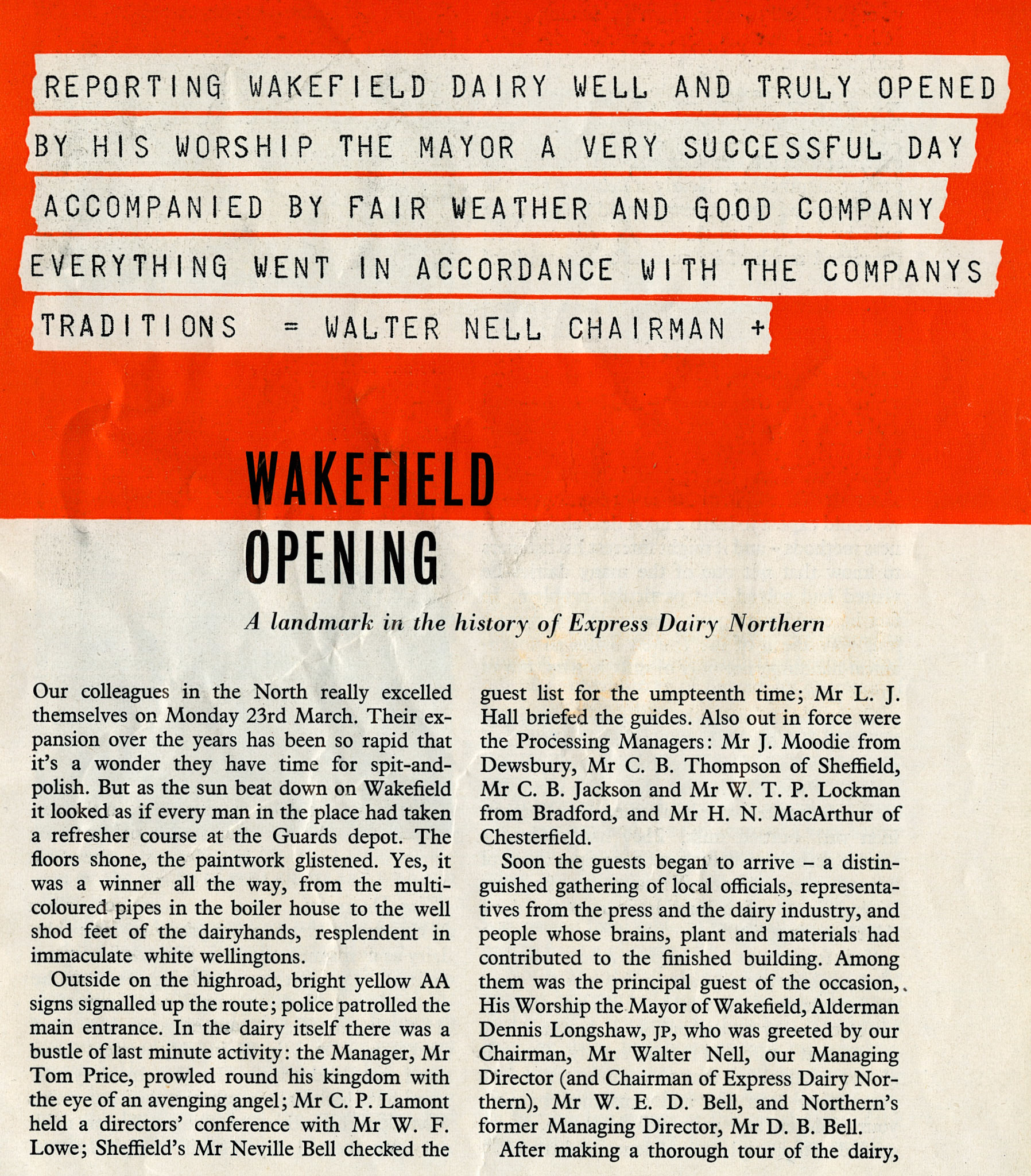 1959 Wakefield Dairy official opening. Alan Burnley comments "My grandfather, Councillor Denis Longshaw opened Express Dairy in Wakefield, as leader of the Council. The gold key provided broke when he tried to unlock the front door. At this point they all had to walk round the back and in through the shutter door. I spent four years delivering milk to the dairy from 1969 to 1973, with the MMB."
