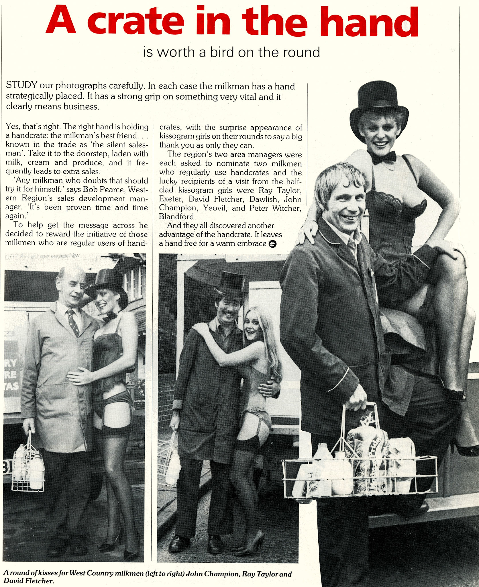 1984 West Country milkman see the advantages of using hand crates - John Champion (Yeovil, Ray Taylor (Exeter) and David Fletcher (Dawlish).  (Express News Winter)