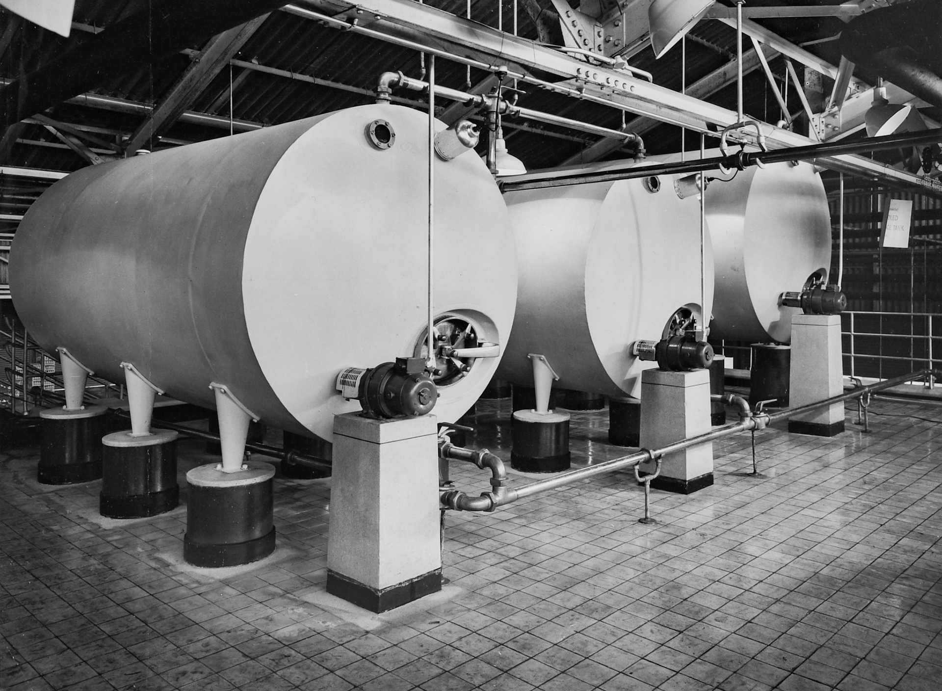 1950's Rowsley Dairy milk storage tanks. (Courtesy Derbyshire Record Office, donated in March 1985; they had previously belonged to the donor's father, who was an electrical engineer with the dairy.)
