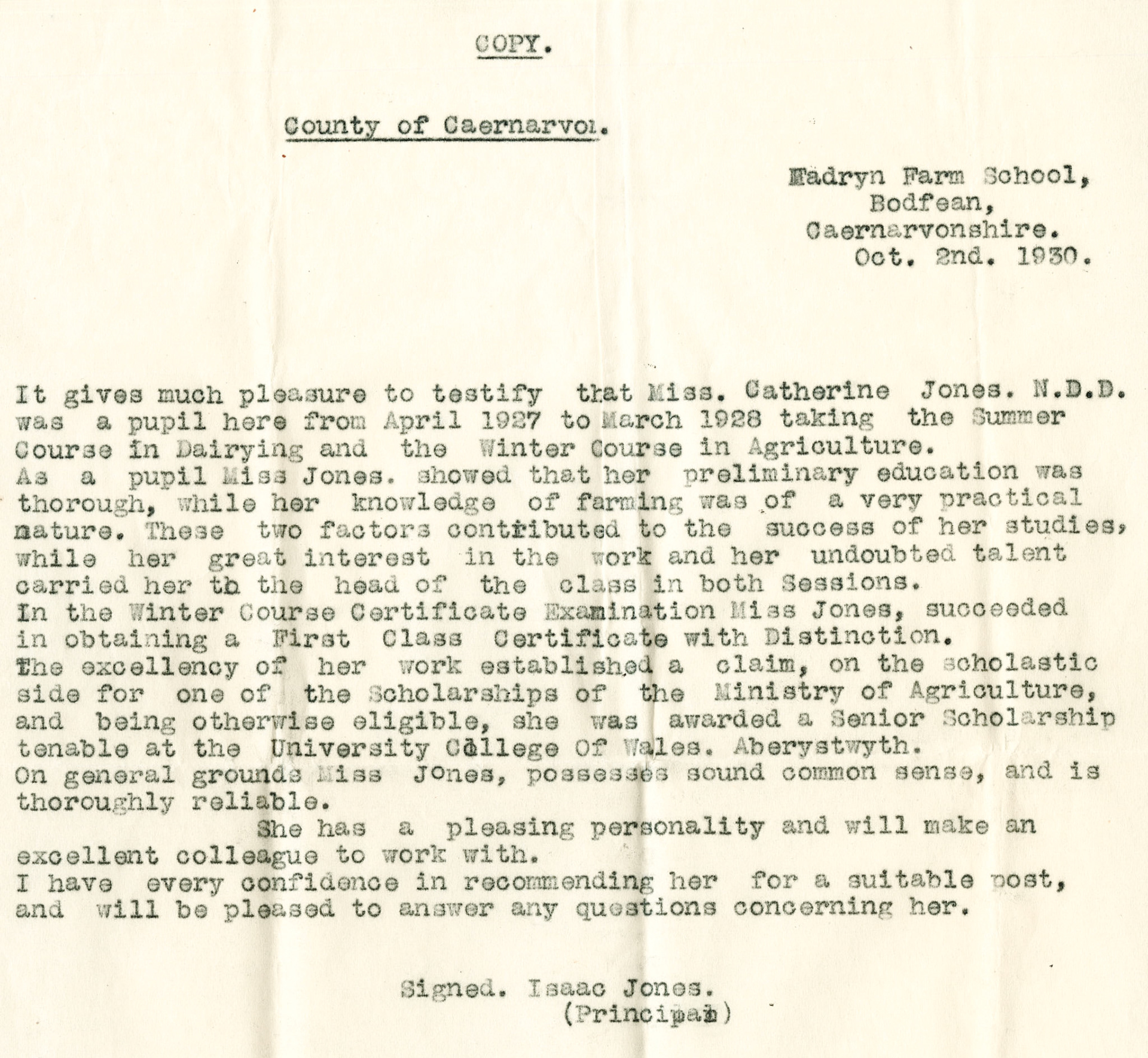 1930 Ruyton Co-operative Dairies-Cheesemaker Job Applications-Miss Catherine Jones