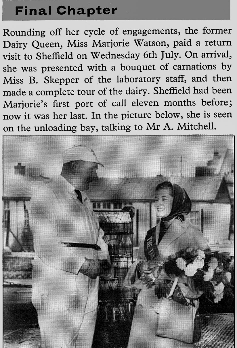 1960 Marjorie Watson ends her year as Dairy Queen at Sheffield, talking here to Mr. A. Mitchell. (Express News Autumn)