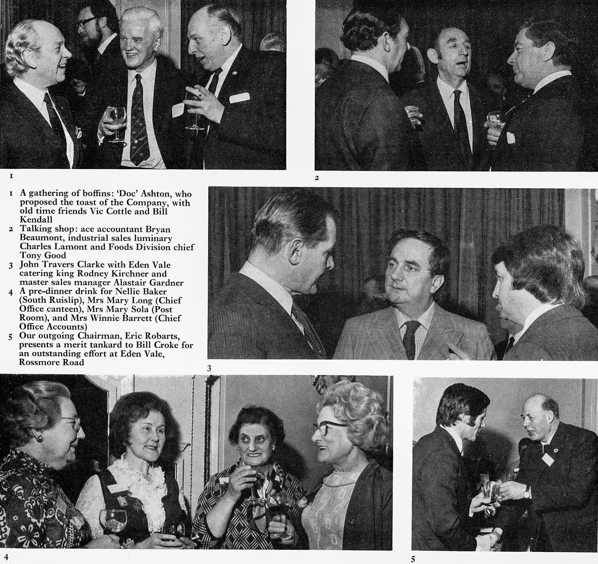 1973 London Long Service presentation at the Mayfair Hotel, with 'Doc' Ashton, Vic Cottle, Bill Kendall, Bryan Beaumont, Charles Lamont, Tony Good, JTC, Rodney Kirchner, Alastair Gardner, Nellie Baker, Mary Long, Mary Sola, Winnie Barrett, Eric Robarts and Bill Croke. (Express News Summer)