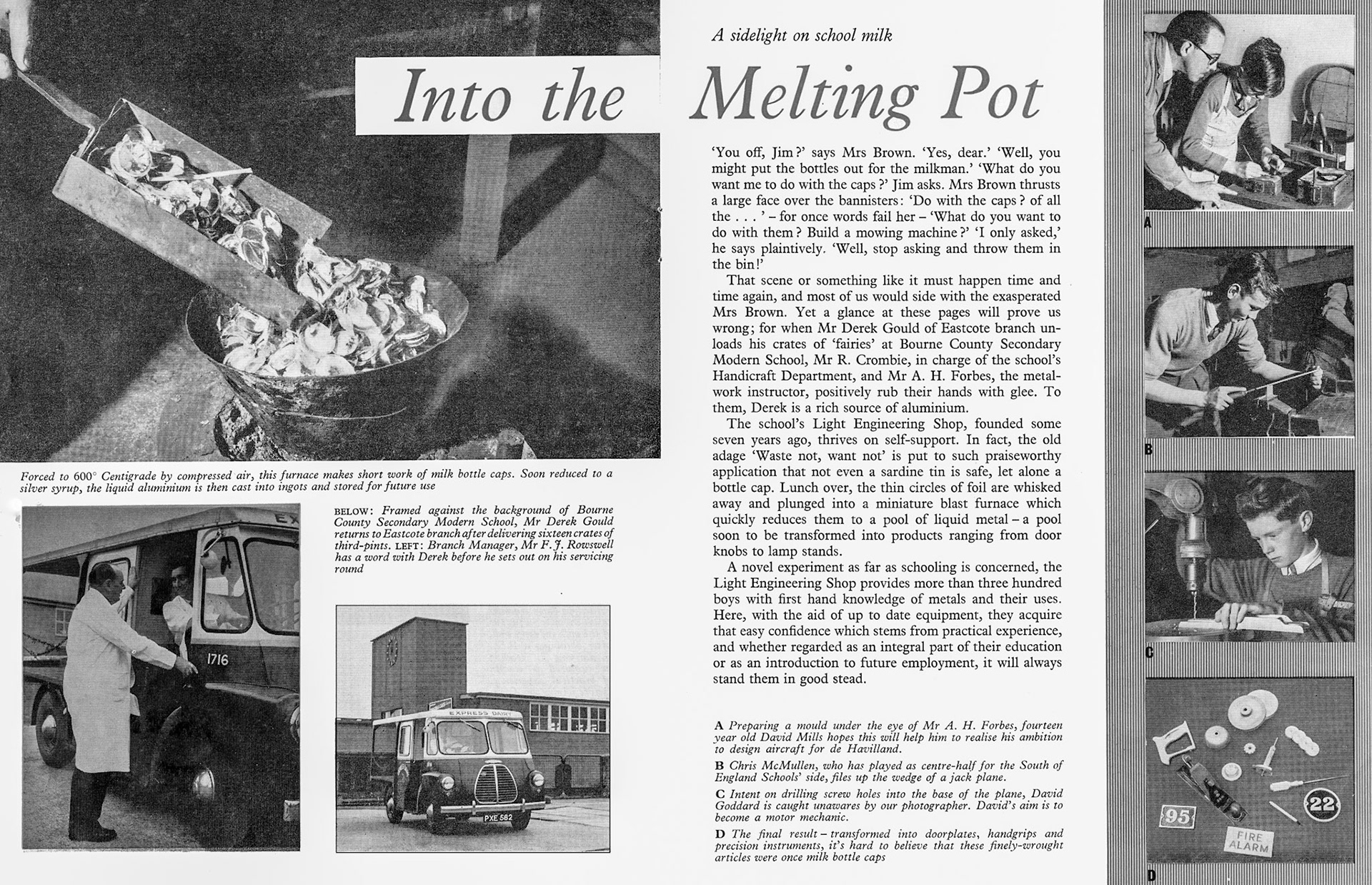 1957 Bourne school making use of waste aluminium bottle caps in their Light Engineering workshop. (Express News March)