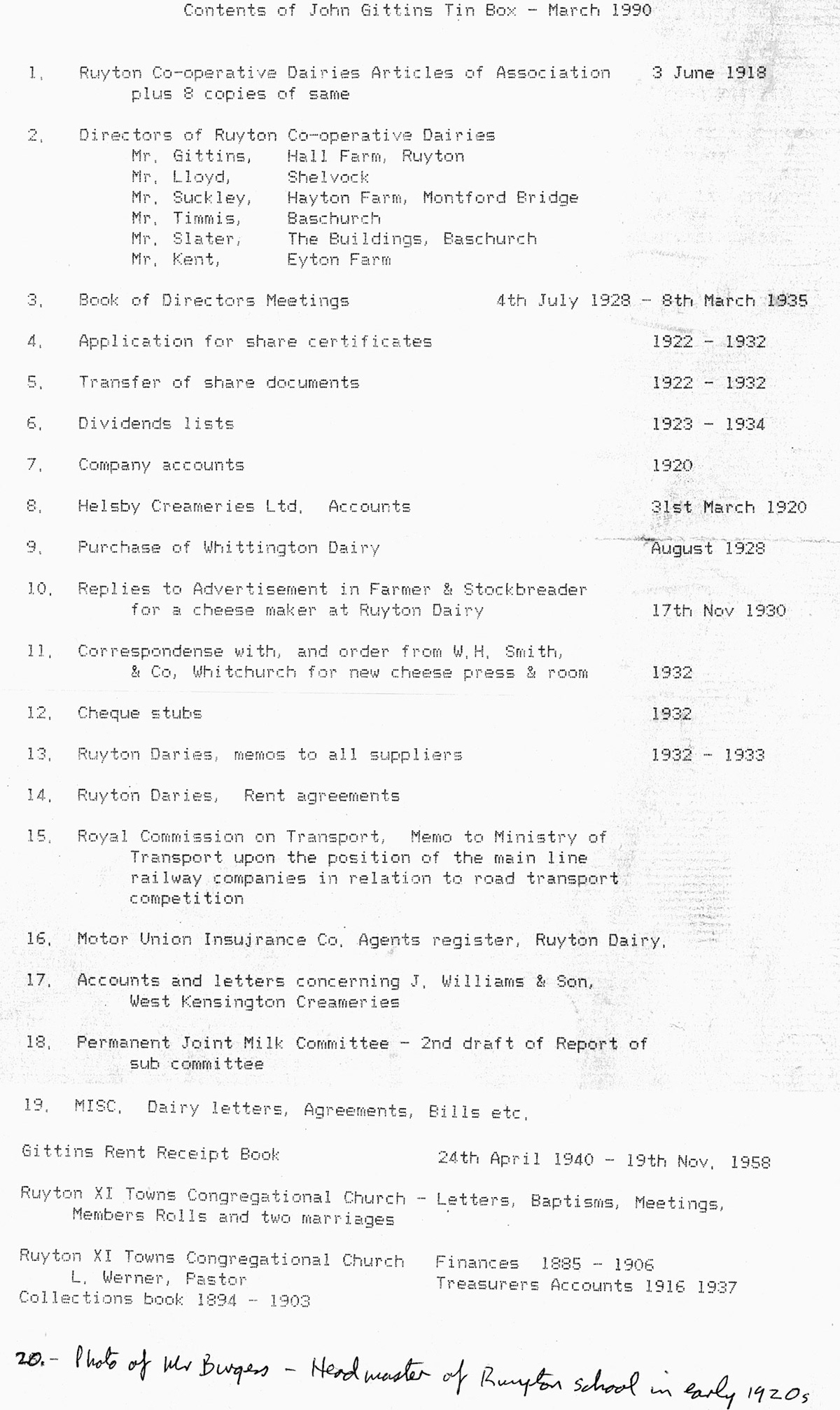 1990 List of items in 'tin box' in March 1990
