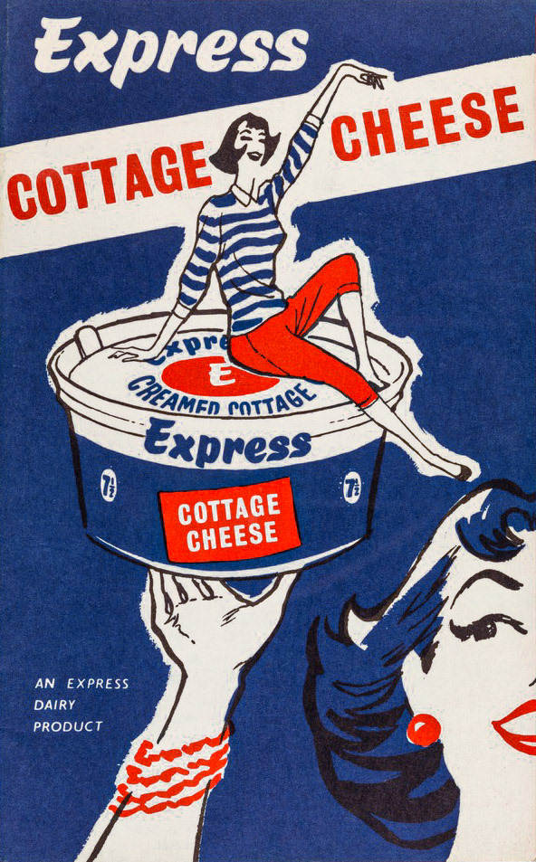 1957 Recipe leaflet introducing and advertising cottage cheese. Printed in black, red and blue on white paper. Front page has a line illustration of a young woman in red slacks and blue and white banded matelot shirt sitting on a tub of Express Cottage Cheese. The recipes are illustrated with humorous cartoons. (Courtesy Wellcome Collection)