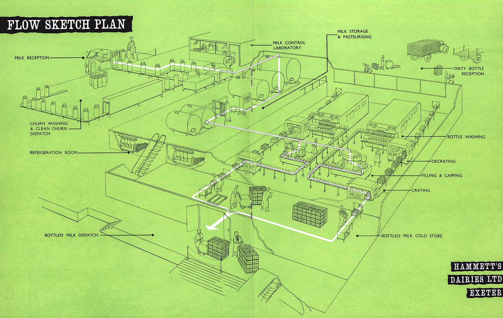 1957 Hammett's Dairies brochure. Process flow diagram from milk reception to bottled milk despatch. (Courtesy Michael Mitchell)