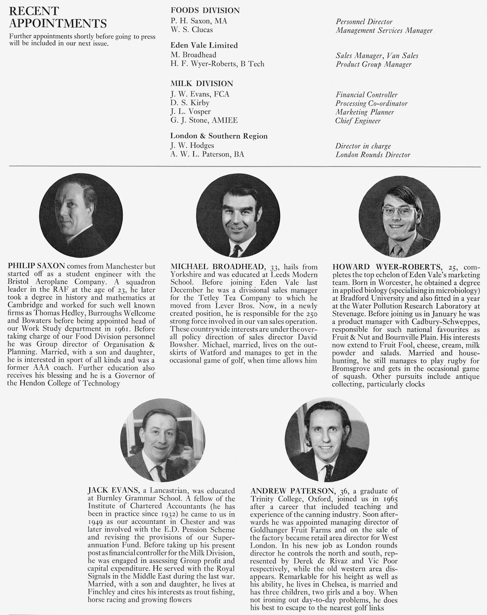 1971 Recent appointments, featuring Philip Saxon, Michael Broadhead, Howard Wyer-Roberts, Jack Evans and Andrew Paterson. (Express News Spring)