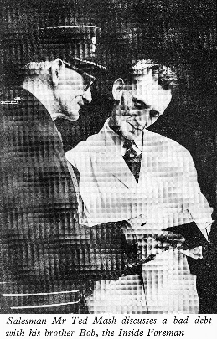 1961 West Green Road, Tottenham-Salesman Ted Mash with brother Bob Mash-Inside Foreman. (Express News Spring 1961)