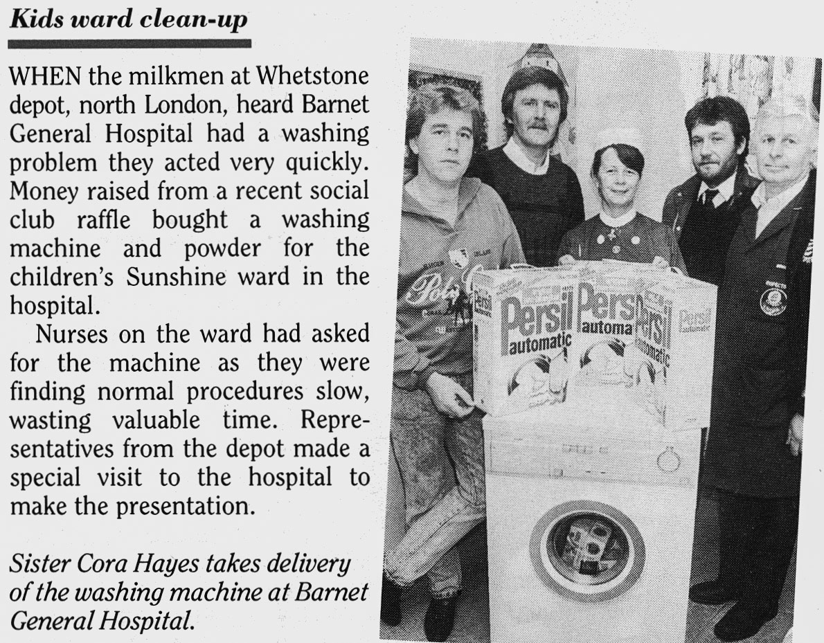1988 Whetstone milkman raise money for a new washing machine for Barnet General Hospital's childrens ward. Paul Smith comments "I know 3 of the 4 milkmen L- R Trevor Bunton, Alan Winter, Paul Birch (recognised by Mick Wheeler), Ronnie Constable". (August Express News)