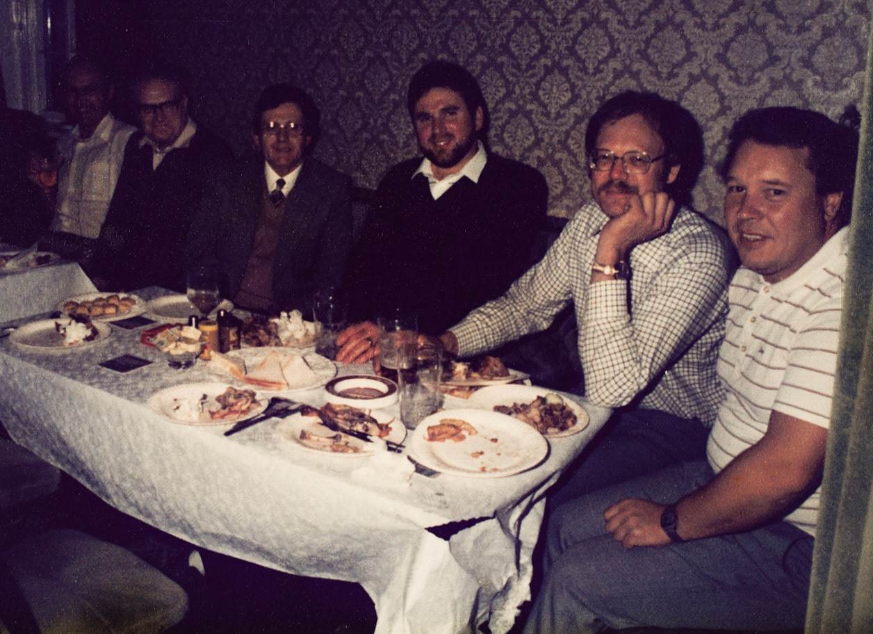 1985 (30th October). Joe's retirement. Ann Worrall identifies, third from left onwards- Raymond Roberts, Pat Taylor, Adrian Alcock, Mike Roberts. (Joe Lyons Collection)