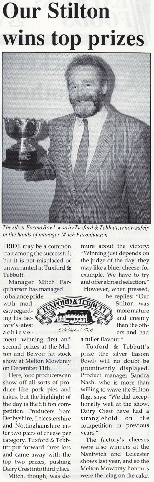 1990 Tuxford and Tebbutt wins prize held by manager Mitch Farquharson-Express Foods News, Issue 3. Wendy Street comments "This lovely gentleman was my boss when I worked at Tuxfords; a great time to work there and great workmates too". Chris Smith says "Mr Farquharson was a great boss, firm but always fair.Those were happy times, that was over 40 years ago."