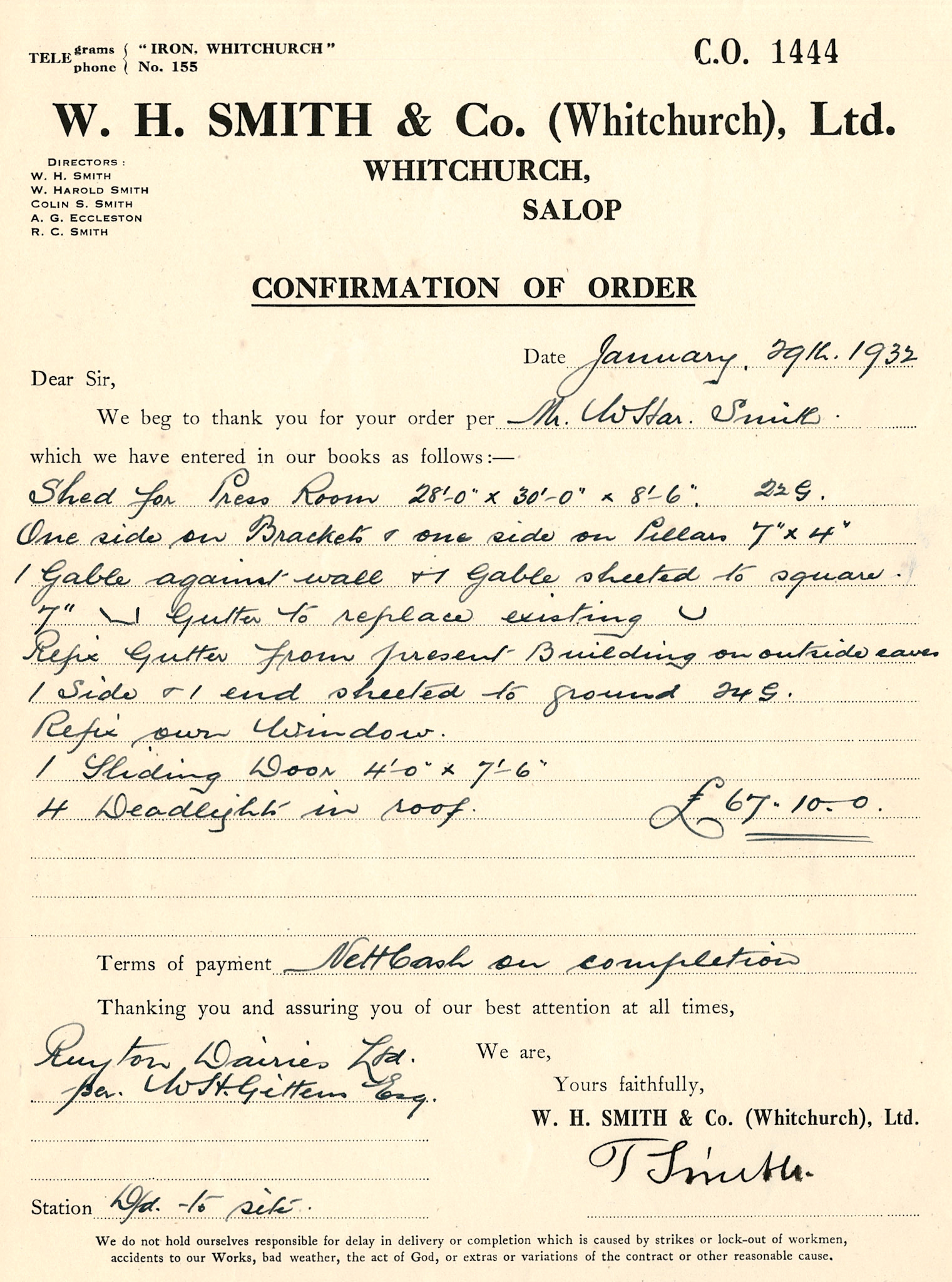 1932 Ruyton Co-operative Dairies-works carried out by W.H. Smith & Co. (Whitchurch) Ltd-Order confirmation for erecting a shed adjacent to the Press Room.