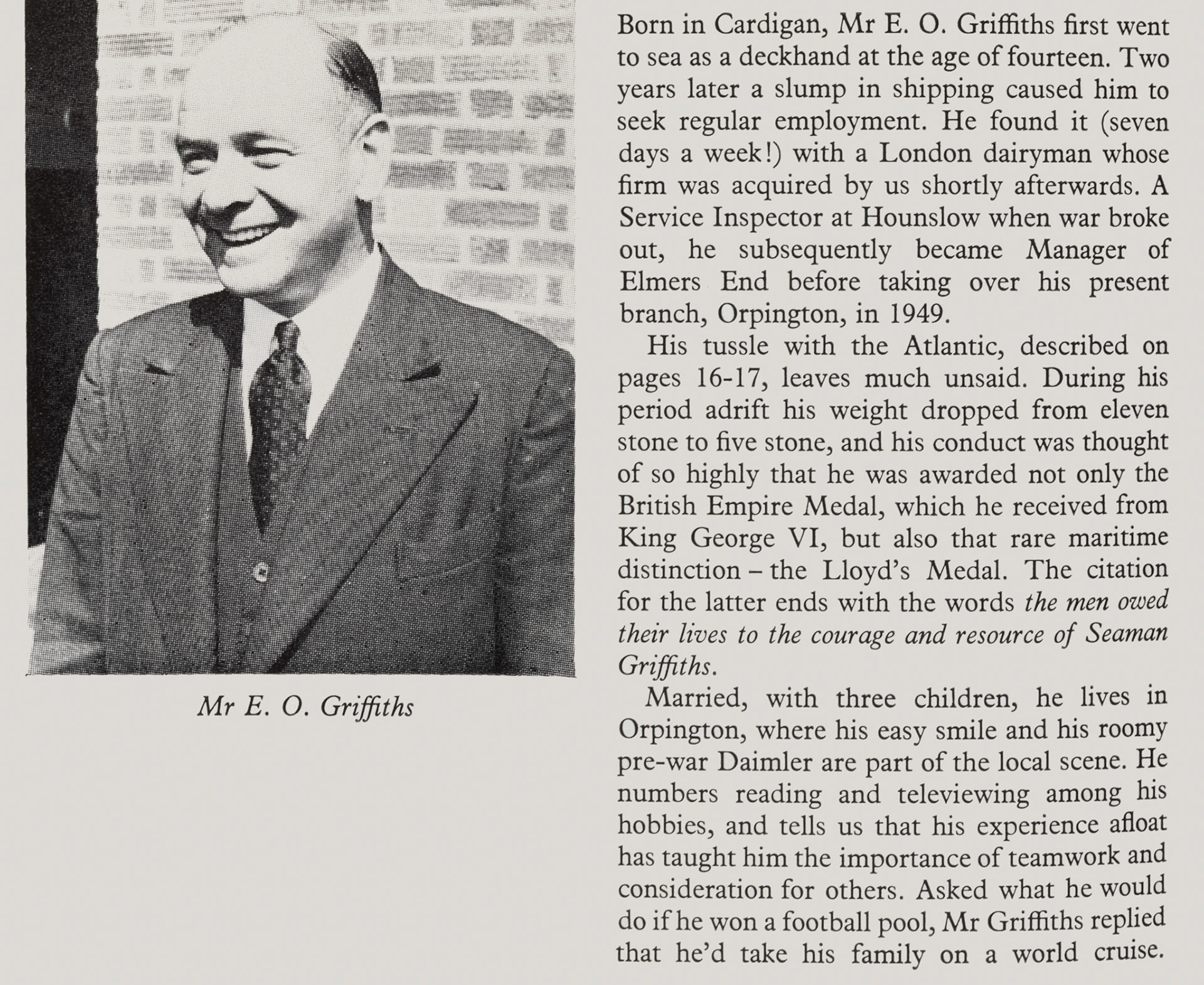 1957 Profile of Mr E.O. Griffiths, Retail Manager at Orpington, previously Elmers End. (Express News Autumn)
