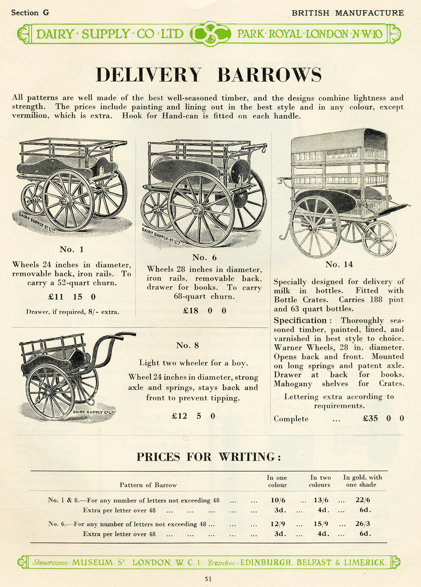 1900's Dairy Supply Company catalogue-Delivery Barrows. After George Barham's death in 1913 the Dairy Supply Company was headed by Arthur Barham. (Courtesy Paul Smith)