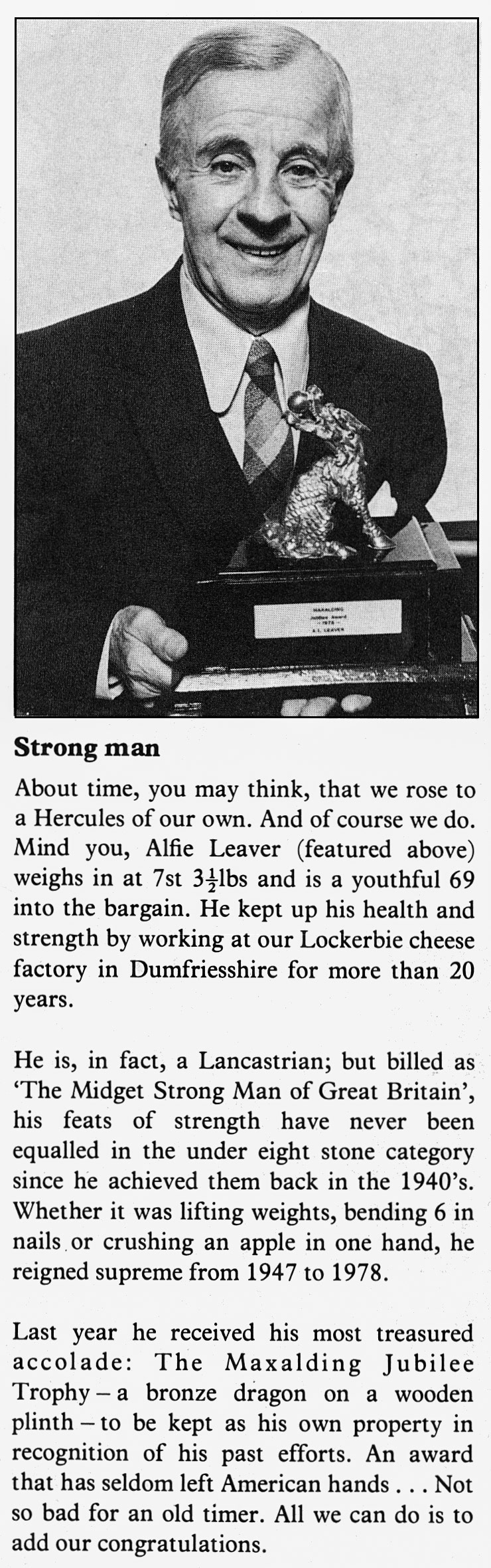 1979 Lockerbie's Alfie Leaver wins 'Strong Man' award. (Express News Spring)