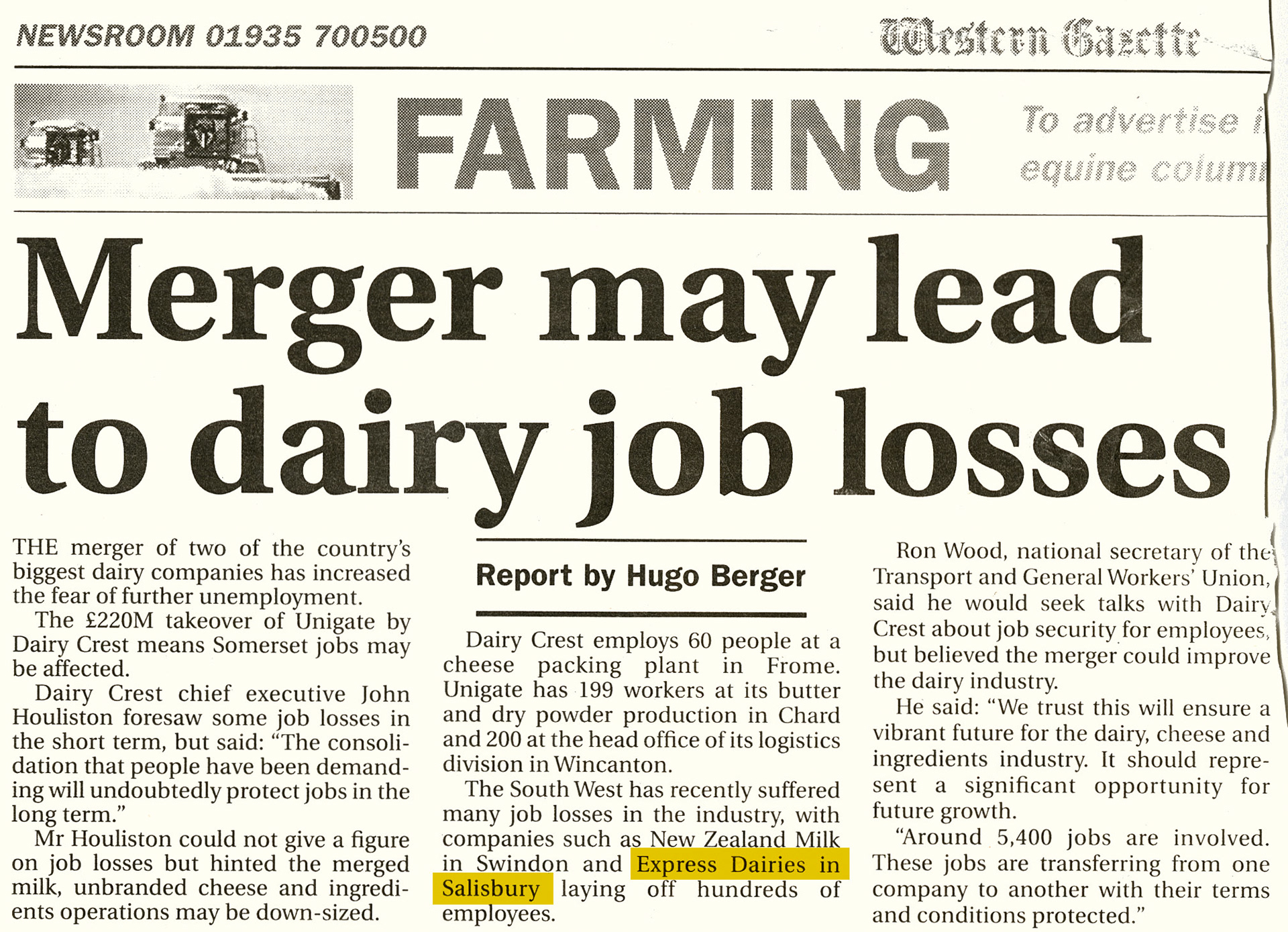 2000 Express Salisbury closure mentioned in the Western Gazette, 3rd March. (Courtesy Andy Wallis)