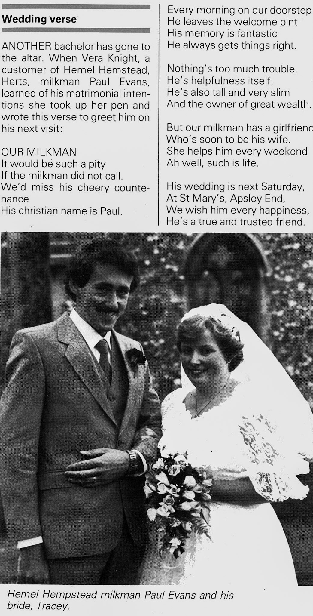 1984 Hemel milkman Paul Evans and his bride Tracey have a poem written by a customer. (Express News Winter)