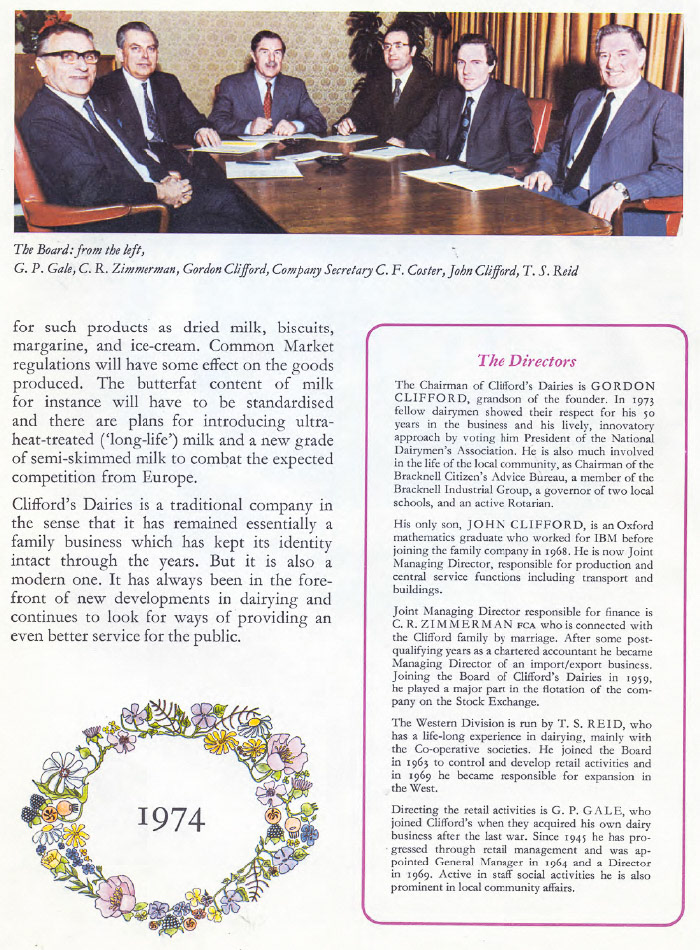 1974 GORDON CLIFFORD, JOHN CLIFFORD, C.R. ZIMMERMAN, T.S. REID, G.P GALE (History of Clifford's Dairies. Thornbury was purchased by Express in June 1987(Courtesy David Montgomery, posted on Bygone Bracknell FB Group March 2016)