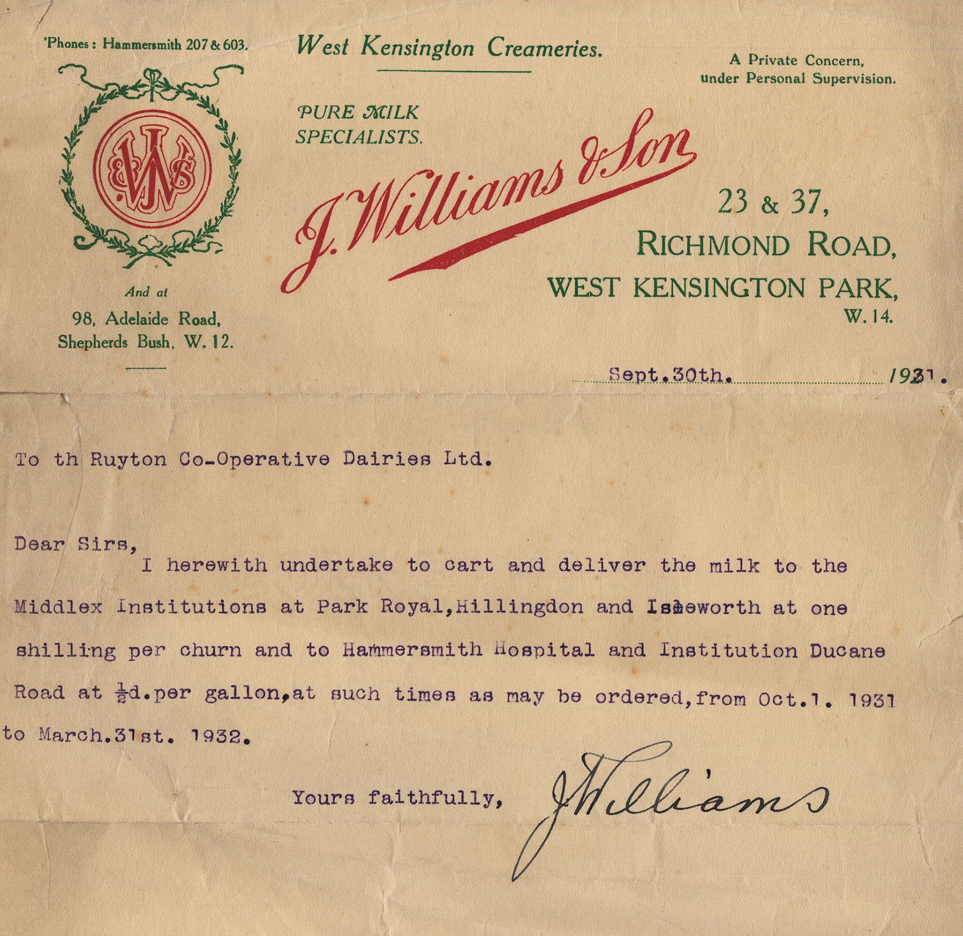 1931 Letter from J. Williams, proprietor of West Kensington Creameries, agreeing to transport milk from Paddington to fulfil Ruyton Co-operative Dairies hospital supply contract.