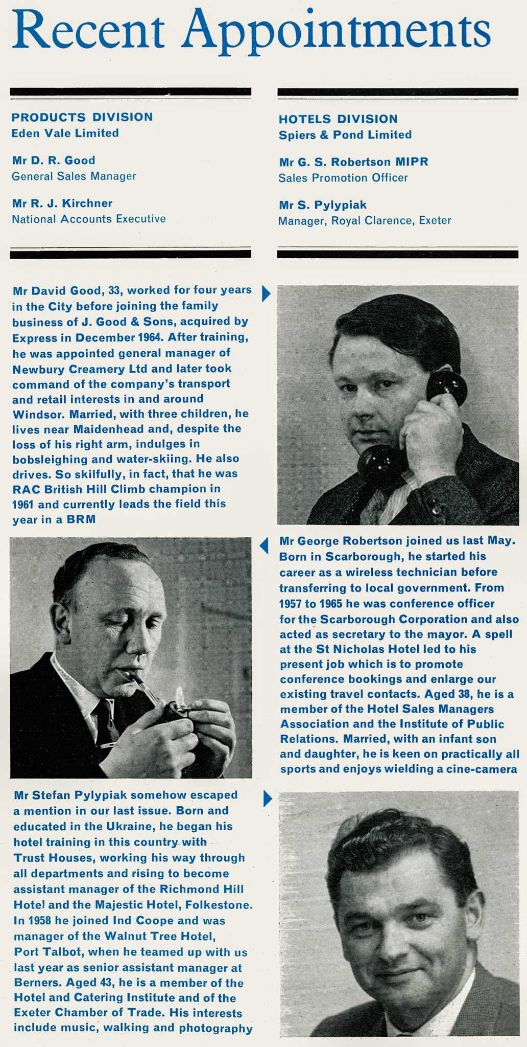 1967 Recent Appointments. Philip Boyd remembers that David Good only had one hand, and did uphill races in a F1 car!  (Express News Summer)