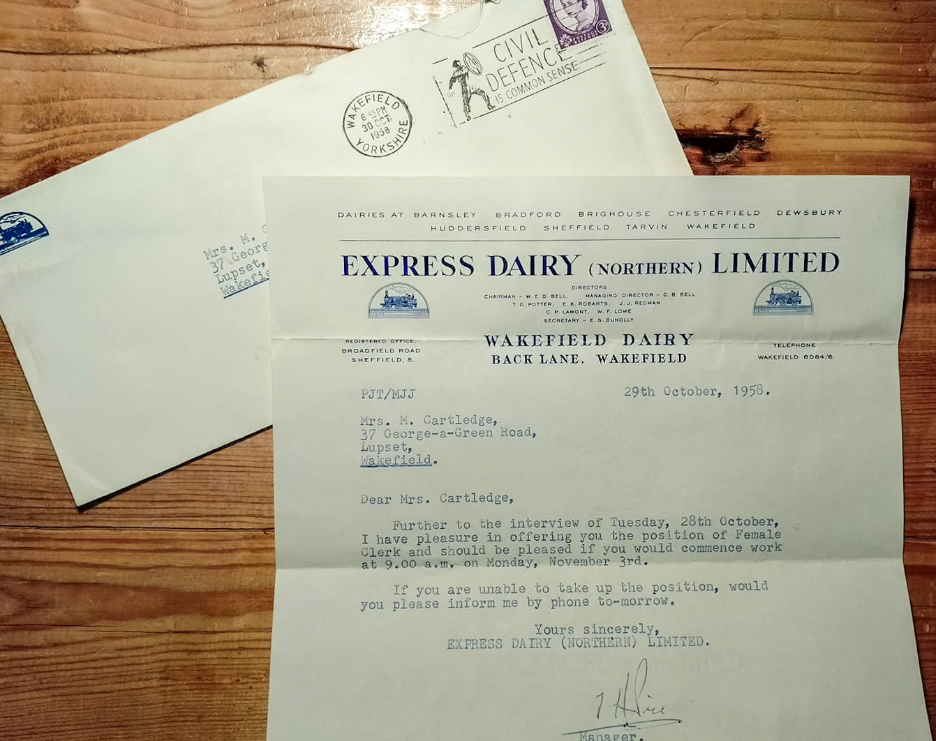 1958 Wakefield Dairy appointment letter submittted by Ben Doughty from FB (His grandmother "Mrs Mavis Cartledge")