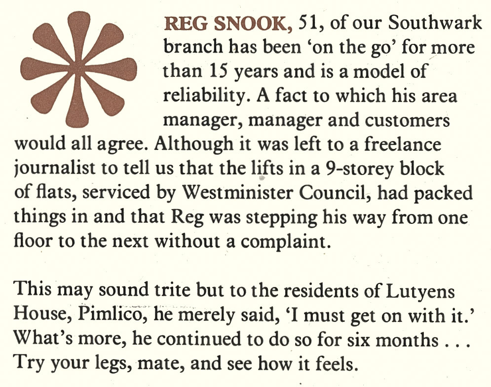 1977 Southwark milkman Reg Snook carries on 9-storey deliveries despite the lift being broken for six months. (Express News Spring)