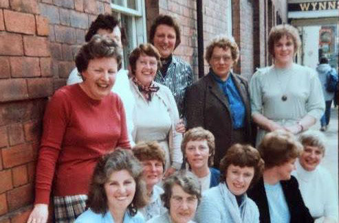 1995 Dairy reunion of lab and office staff at the Wynnstay Hotel, Oswestry. Left to right back row: Colleen Edwards, Jean Birch. 2nd row, Brenda Jones,Dorothy James, Chris Rogers, Joan? 3rd row, Mary Burgess nee Humphreys, Kath Scott (nee Foulkes), Valerie Keeler. Front row, Dorothy James, Joan Keeler, Norma Brayn, Brenda Jones.(Courtesy Margaret Lycett and Val Lythe, Ruyton Revisited FB Group)