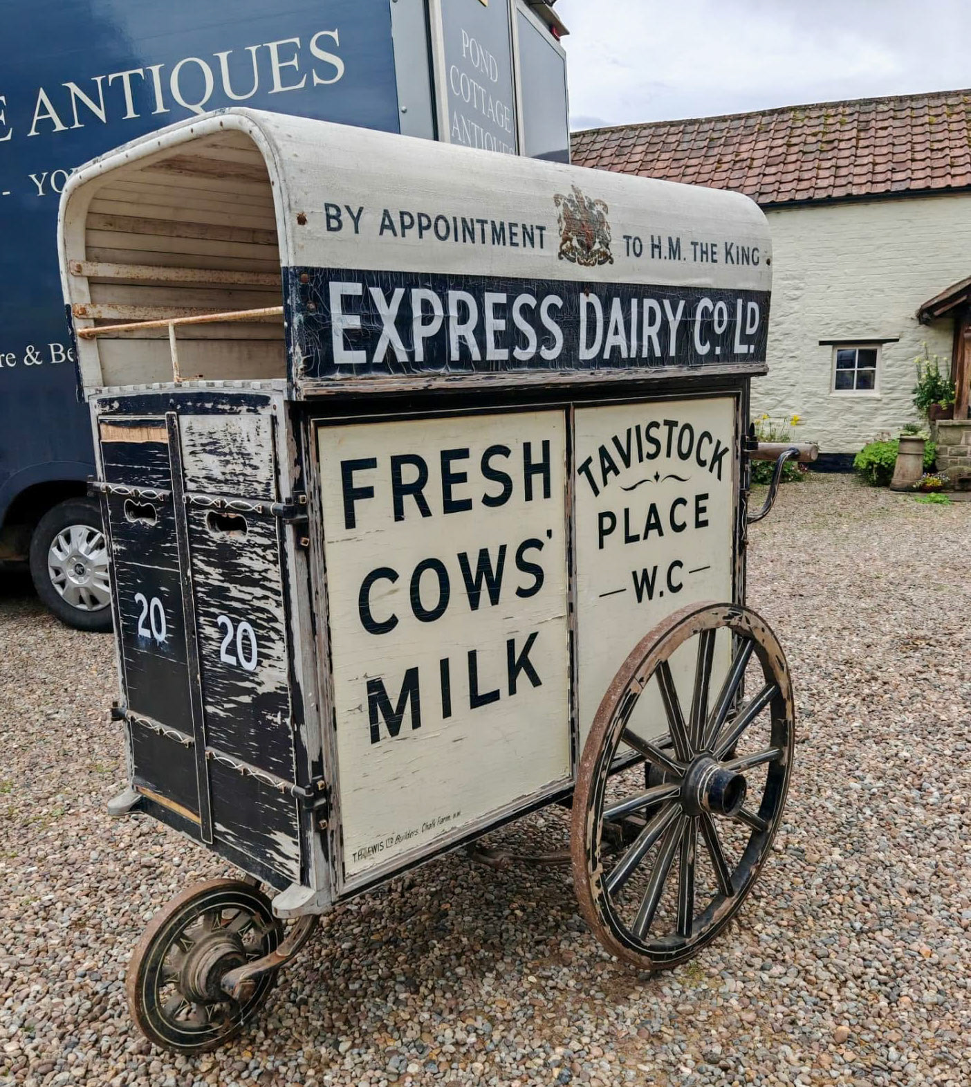 1920s Milk Cart manufactured by T.H. Lewis for a cost of £30, from Pond Cottage Antiques who have this on display at Stillington Vintage Emporium, available to view Tuesday to Saturdays 9-4 at Pond Cottage, Brandsby Road, Stillington, York YO61 1NY.