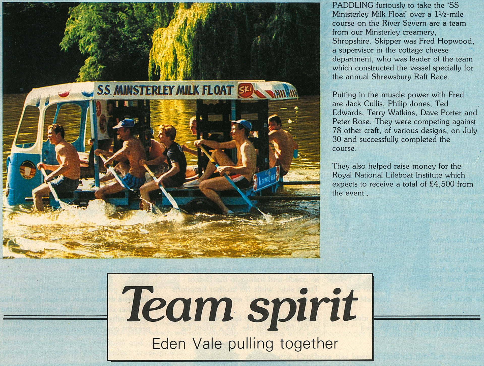 1983 Minsterley milk float on the River Severn, raising money for the RNLI.