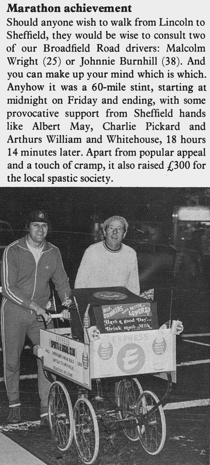 1977 Broadfield Road drivers Malcolm Wright and Johnnie Burnhill walk for charity. (Express News Summer)