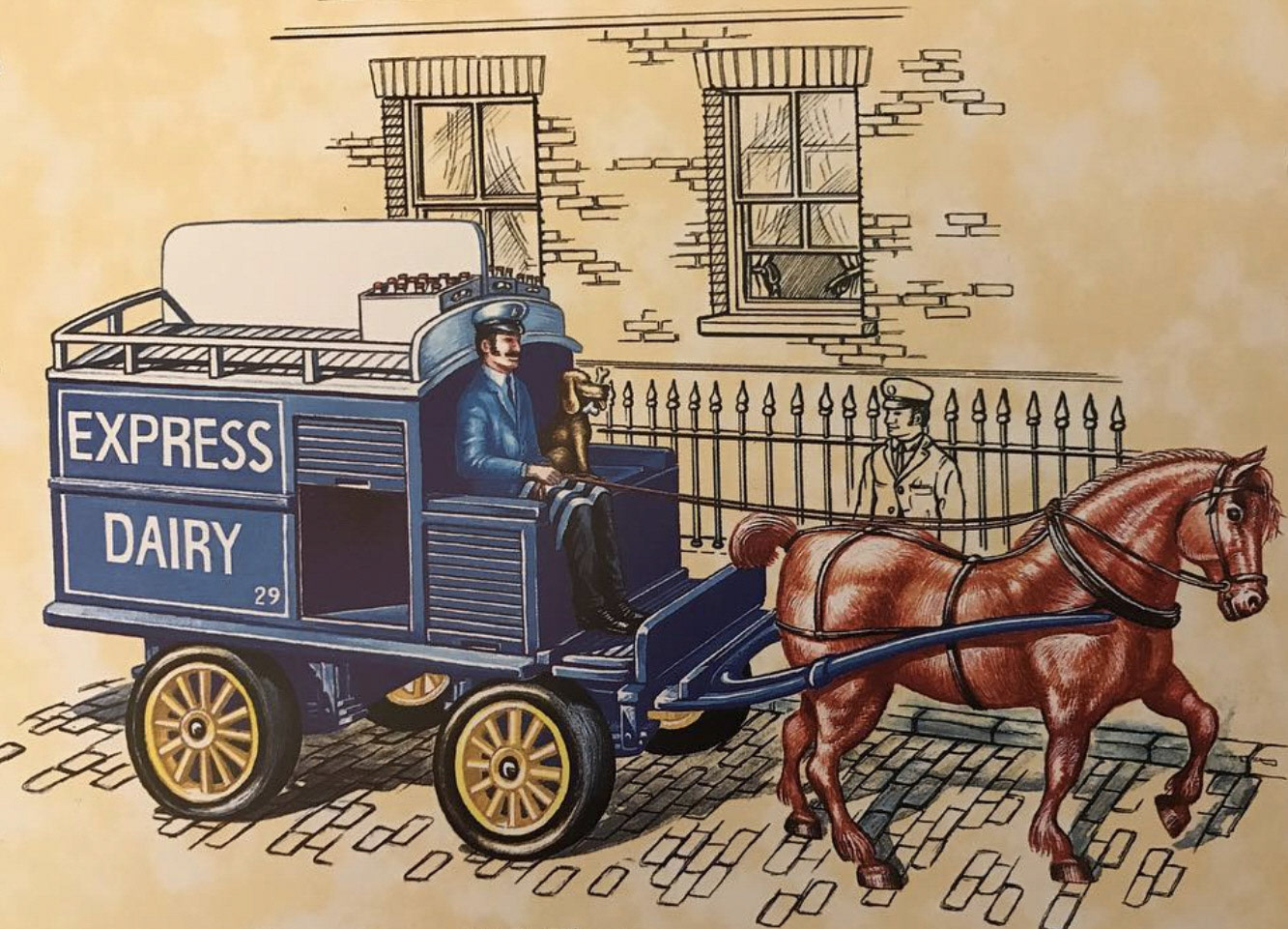Express Dairy horse-drawn toy model. David Ginn comments "I illustrated in ink and gouache as part of the 'Ledo Days Gone' series, advertising poster (from Instagram)