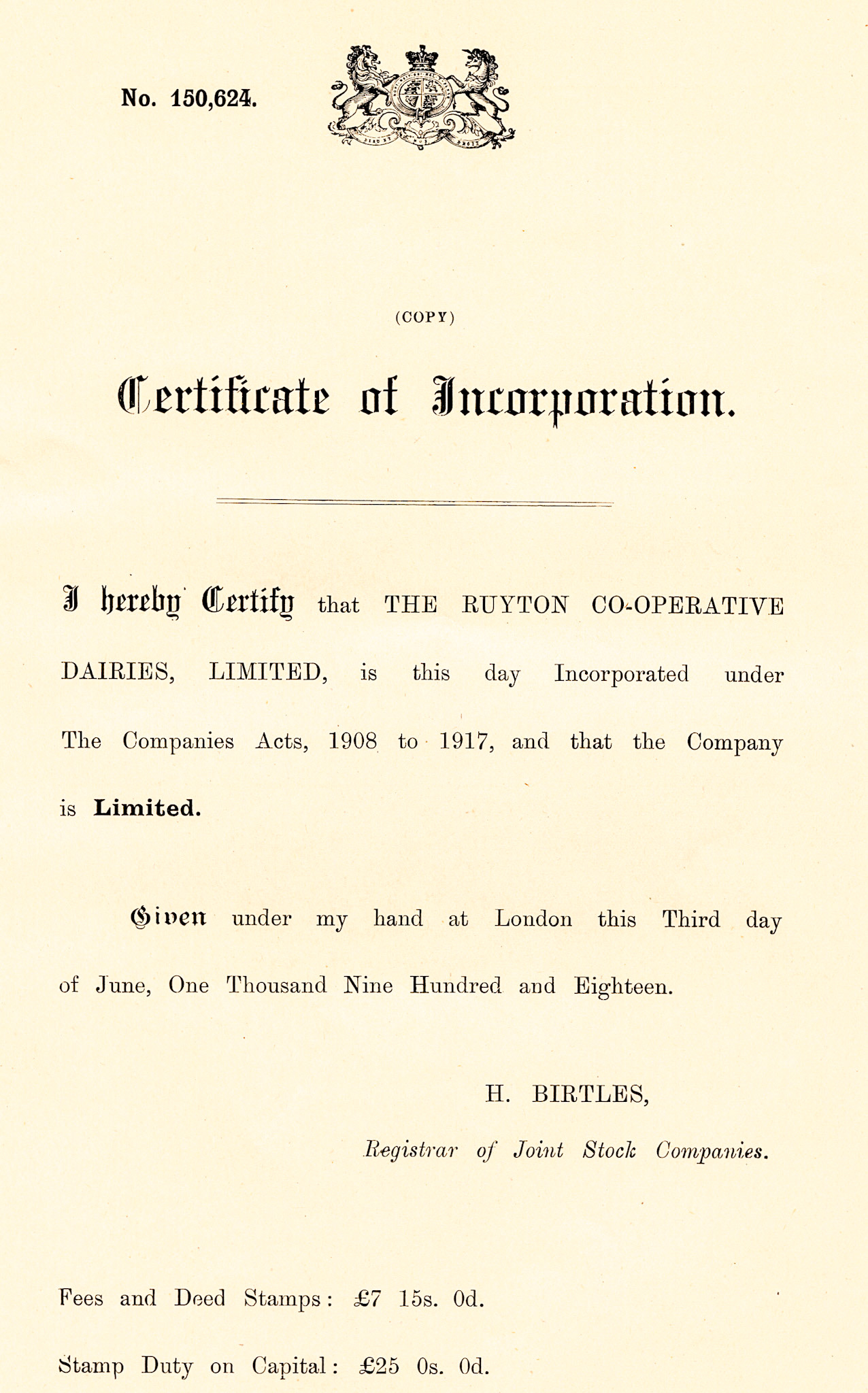 1918 Certificate of Incorporation for Ruyton Co-operative Dairies, Limited