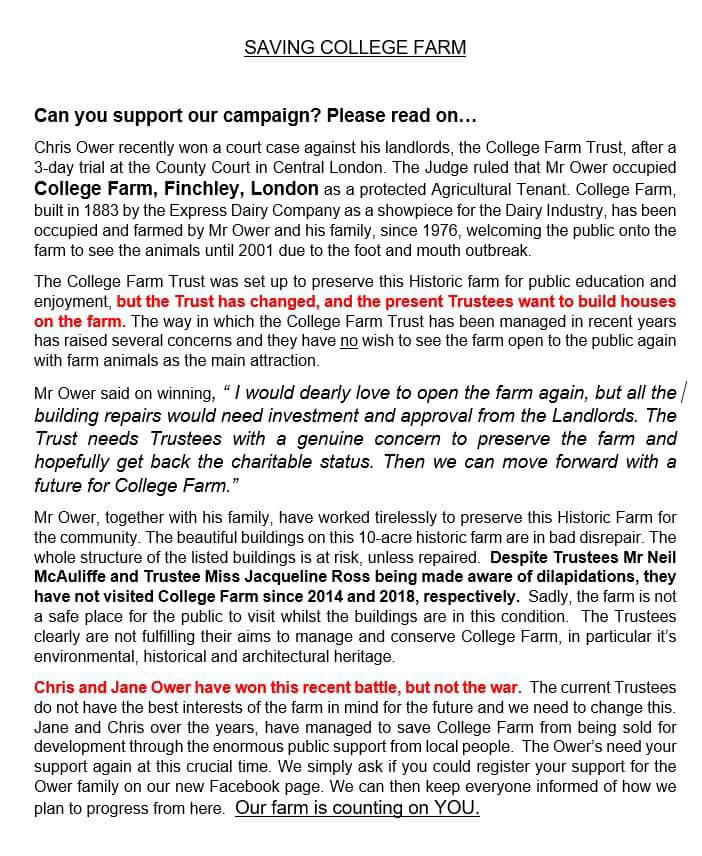 2020c 'Saving College Farm' poster (Courtesy David Murphy, FINCHLEY - A TRIP DOWN MEMORY LANE FB Group)
