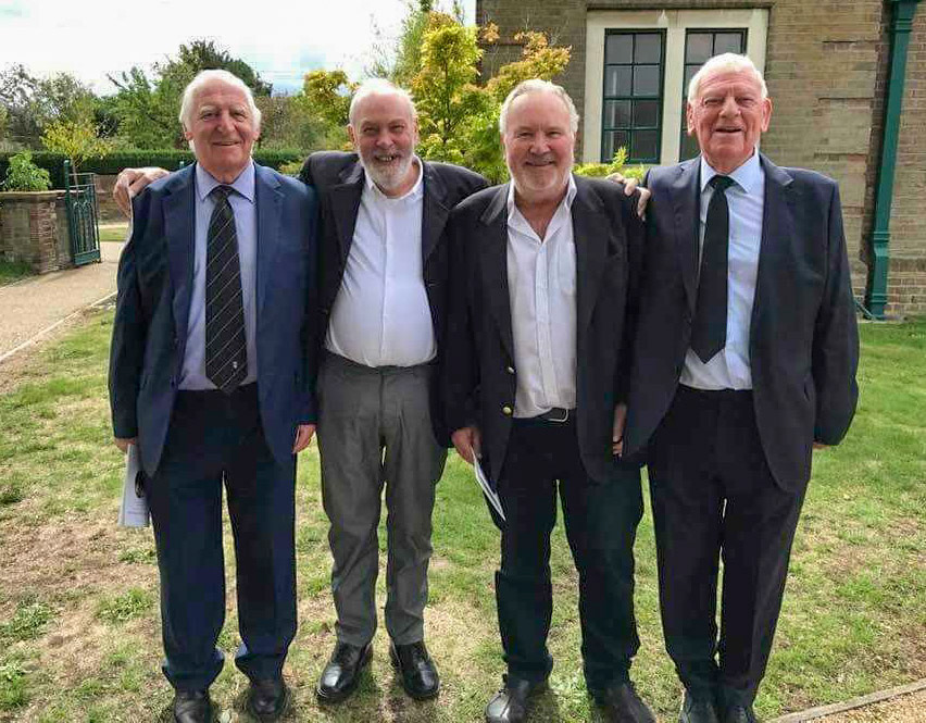 Old Express hands get together, picture taken by John Carey at Mortlake Crematorium, at the funeral of Chelsea Milkman Steve Bloomfield. Eamonn Fay comments "Over 200 years (John Carey says 254 years if you include him too!) of being on the milk - Michael Hutchinson, Bobby Boothman, Morris (Mo) Oneil and Eric - most were at Express depots in London.". Mo Oneill adds "I worked at Chelsea, Southwark, Bloomsbury, Putney and finally Richmond. Sadly everywhere I went they closed... well Richmond closed after I left to be a black cab driver."