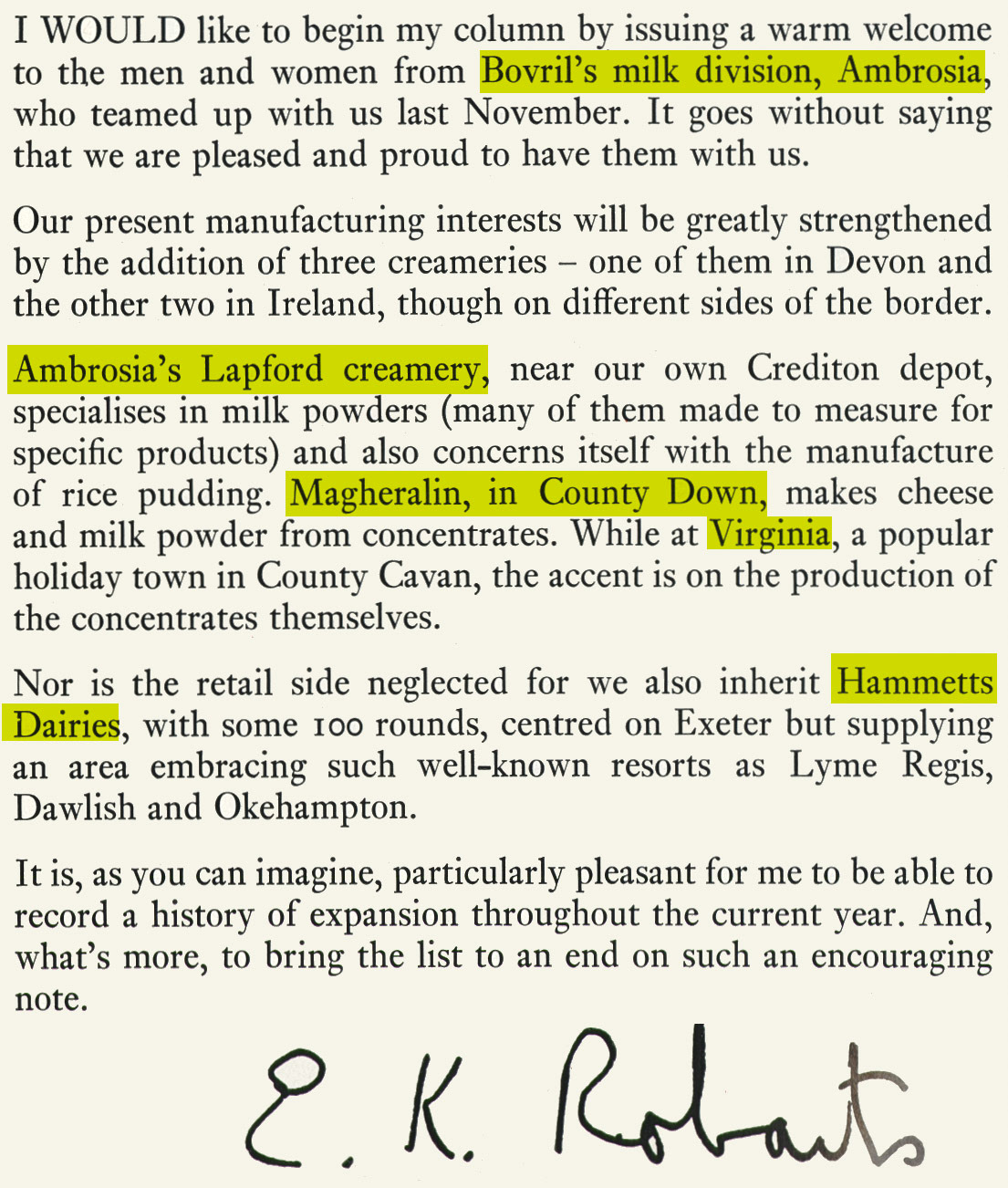 1971 Express acquisitions include Ambrosia Lapford Creamery, Magheralin, Virginia and Hammetts Dairies. (Express News Christmas)