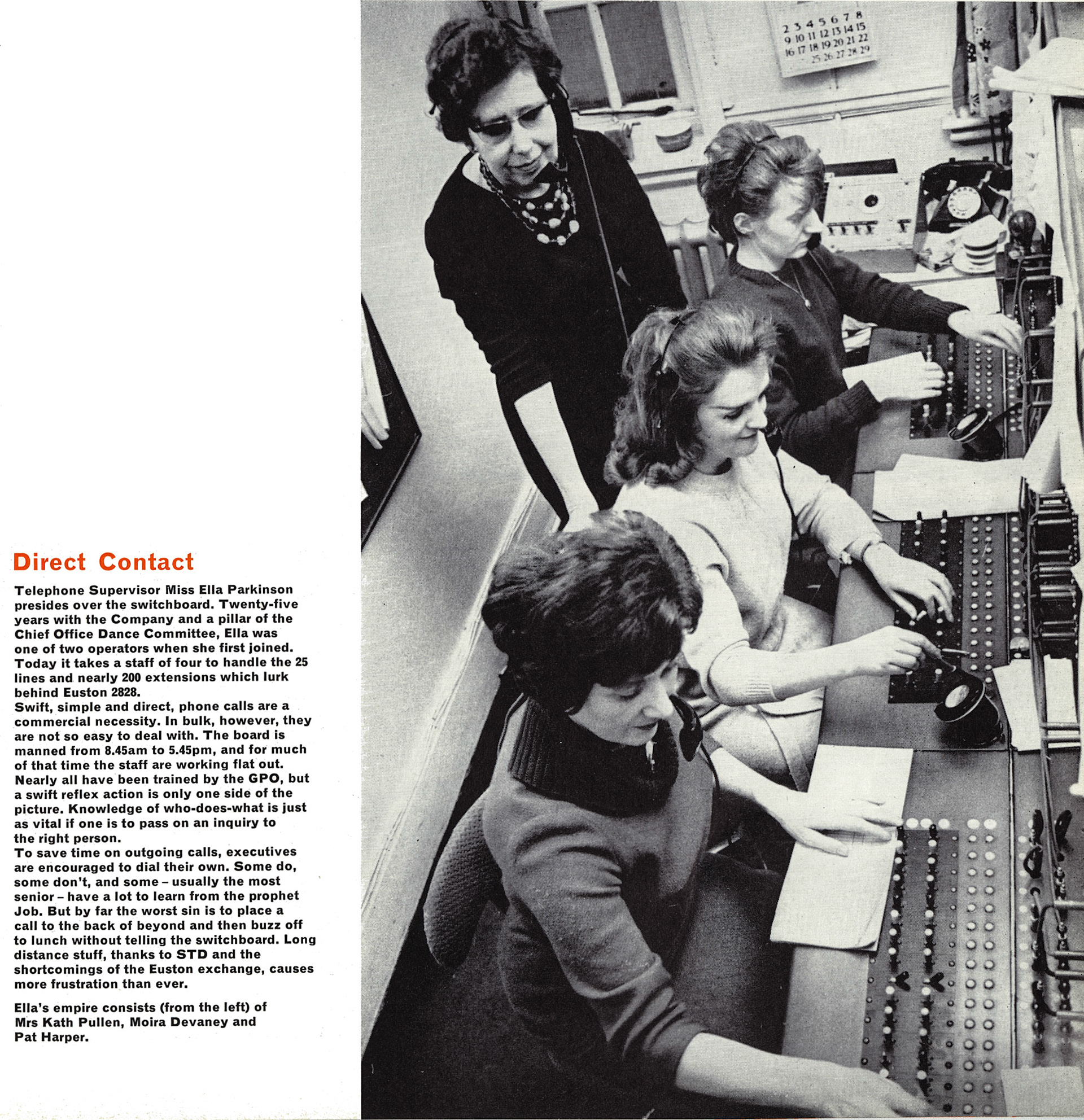 1966 Chief Office, Tavistock Square: Miss Ella Parkinson (Telephone Supervisor) with Mrs Kath Pullen, Moira Devaney and Pat Harper.