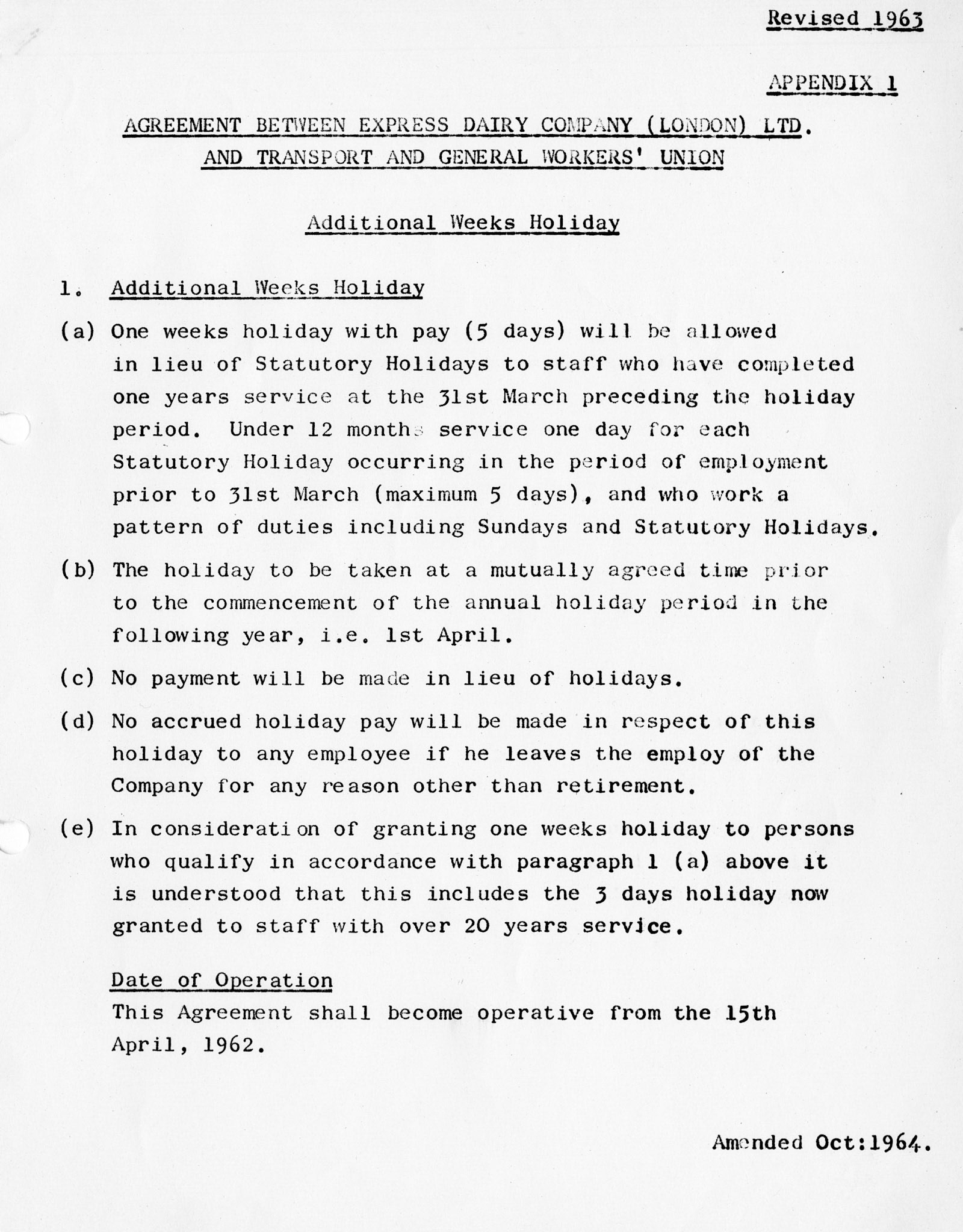 1964 Express &amp; TGWU Agreements - Holiday Pay. (Courtesy Dave Fane)