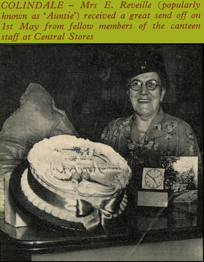 1958 Mrs E. Reveille of Colindale receives a great send off from the canteen staff. (Express News July)