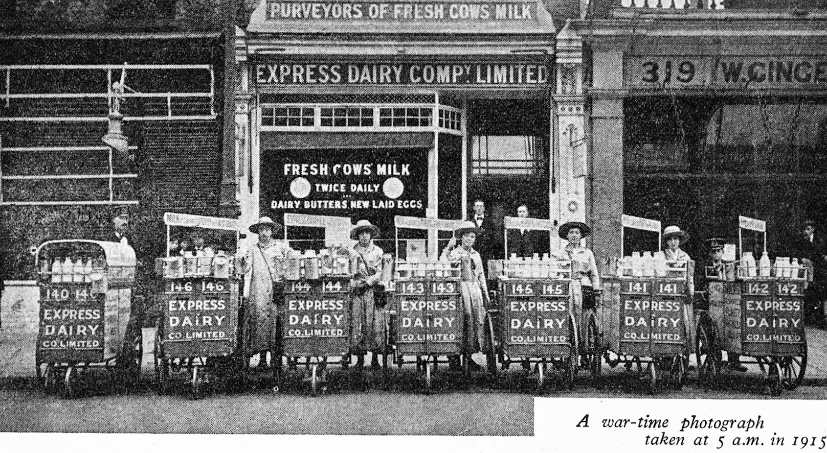1915 Express hand carts lined up, from 1935 May-Dairymaid Magazine 47-Edited Highlight (Express Dairy Tales Archive)