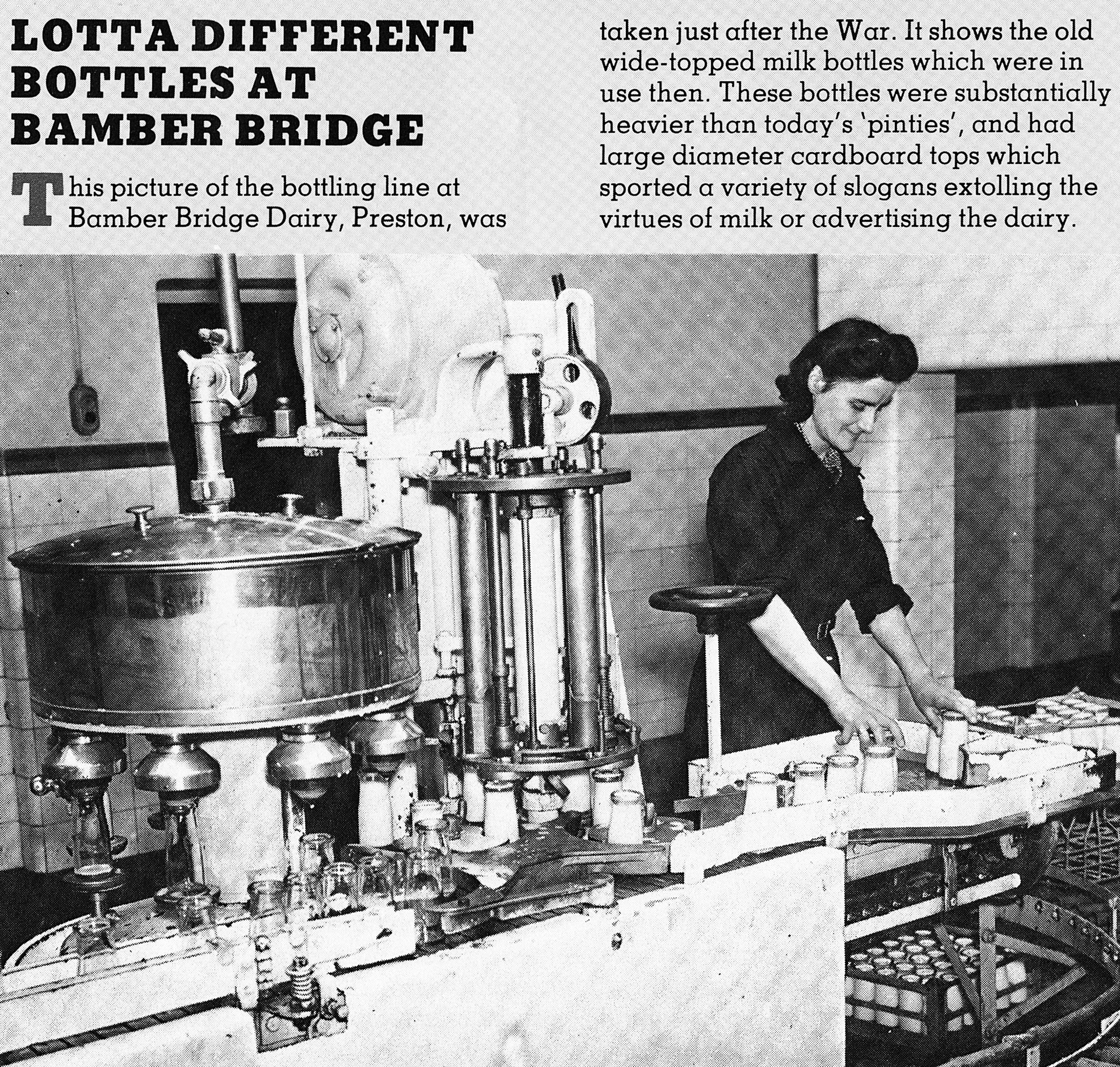 1946c Bamber Bridge MMB bottling plant filling wide-necked bottles, with card inserts. (Insert in MMB Magazine, 1983 Sept-Oct, courtesy Andy Wallis)